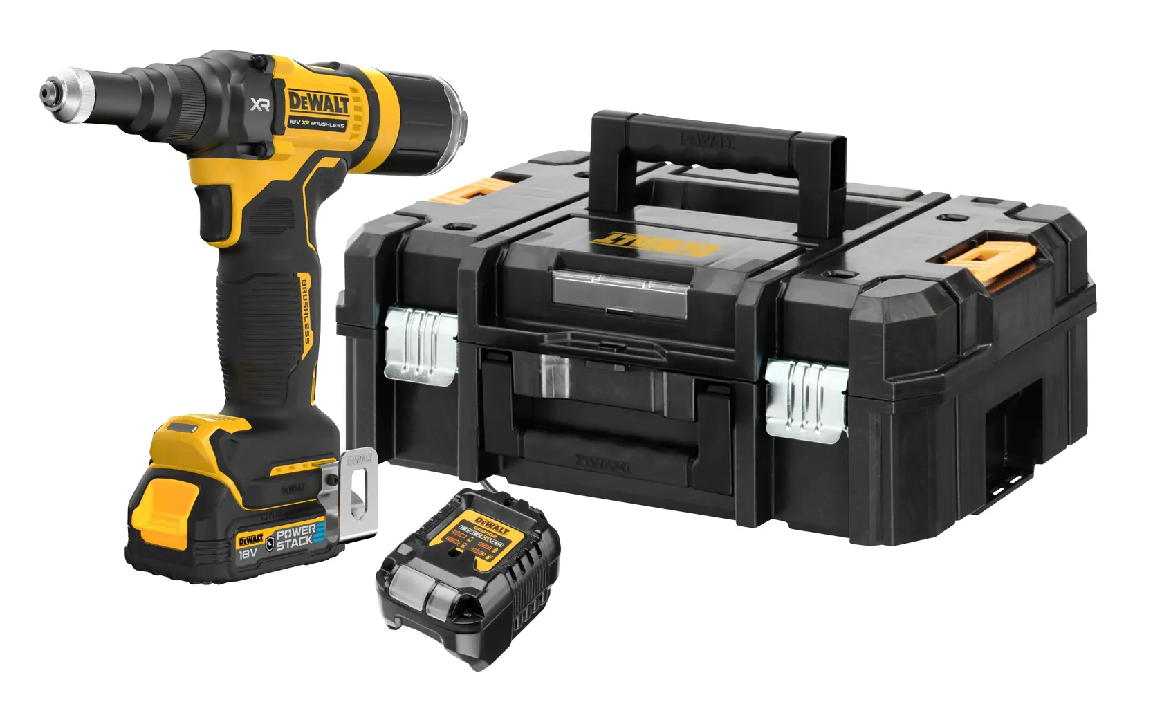 A DEWALT cordless power tool kit featuring a yellow and black drill driver, a battery, and a black hard plastic carrying case with a handle.