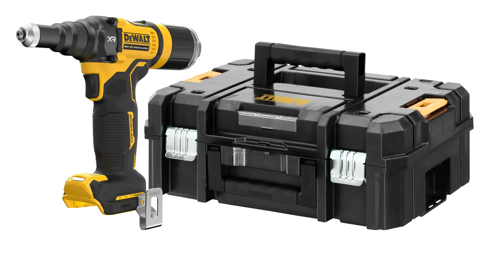 DEWALT cordless drill with black and yellow body, shown next to a sturdy black tool case with handle.