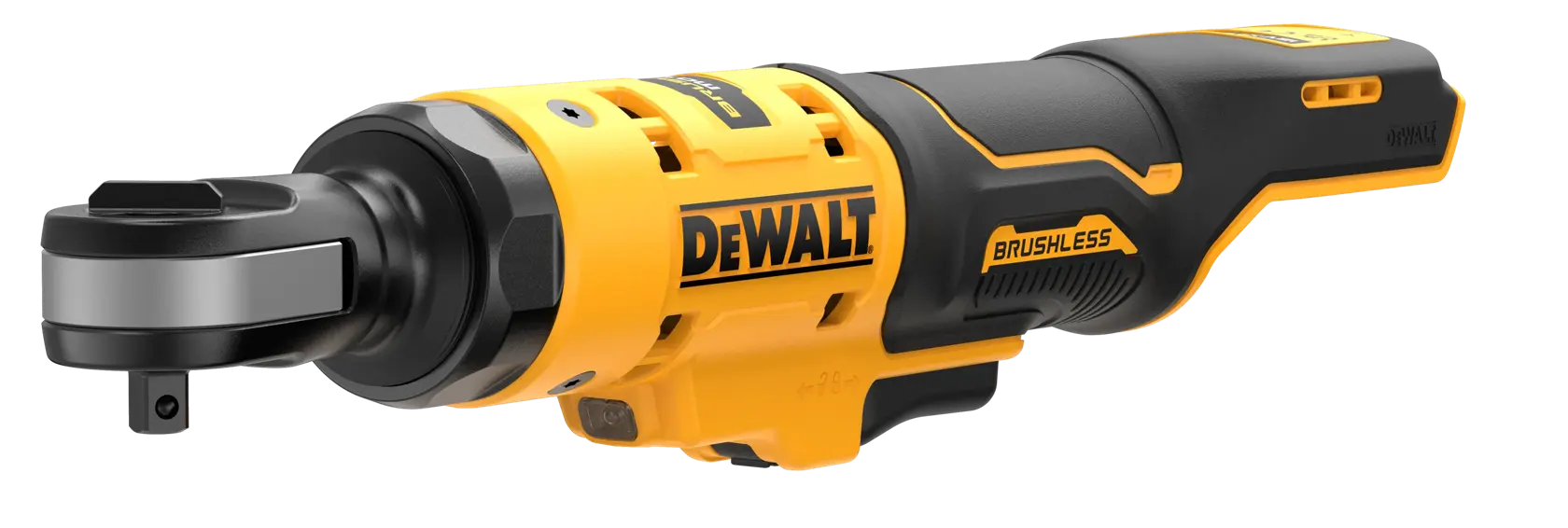 Utensile a cricchetto DEWALT senza fili, brushless, giallo e nero, su sfondo bianco.