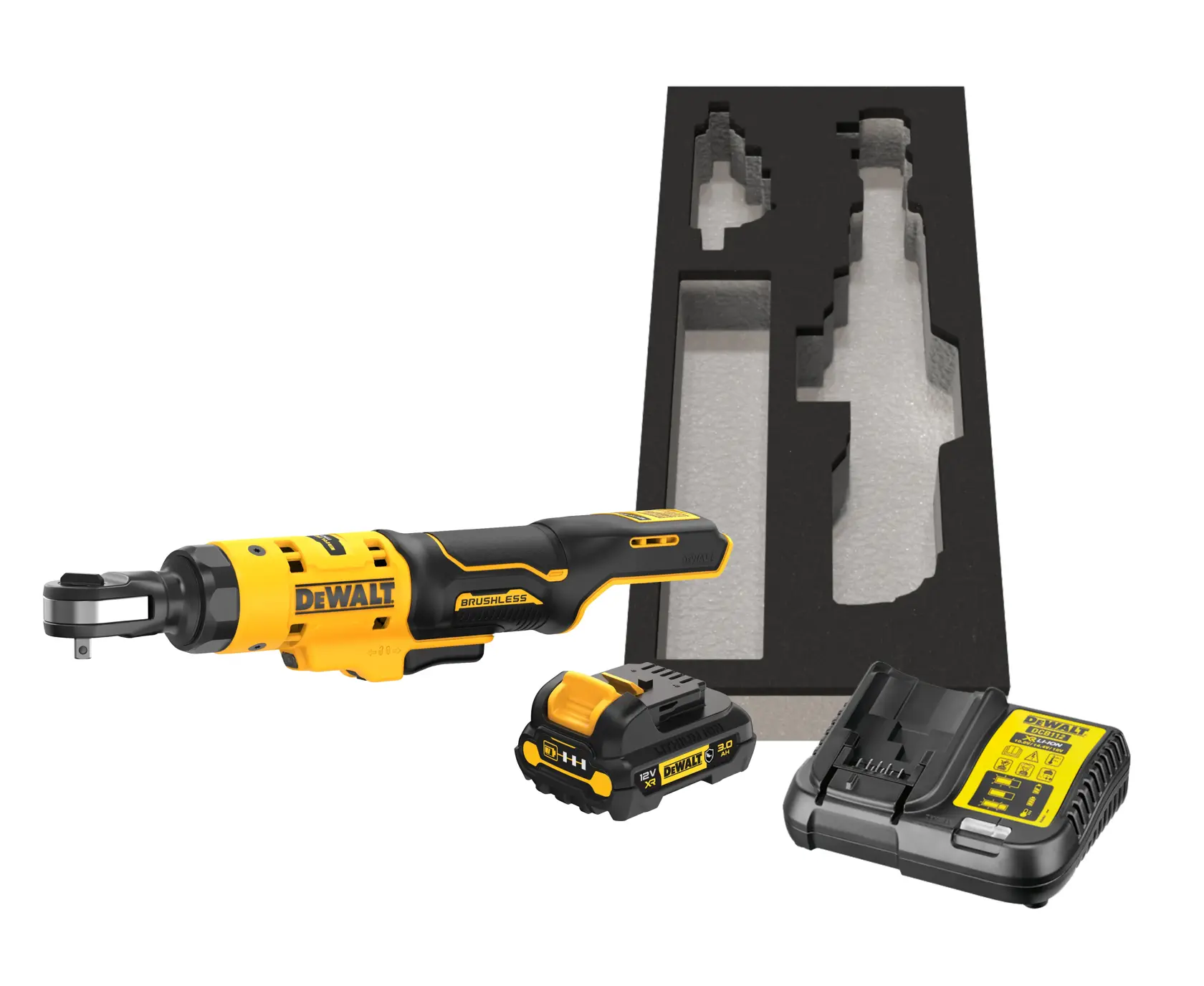 DEWALT kabelloses Ratschen-Werkzeugset bestehend aus einem gelb-schwarzen Ratschenwerkzeug, einem Akku, einem Ladegerät und einem speziellen Schaumeinsatz zur Aufbewahrung.