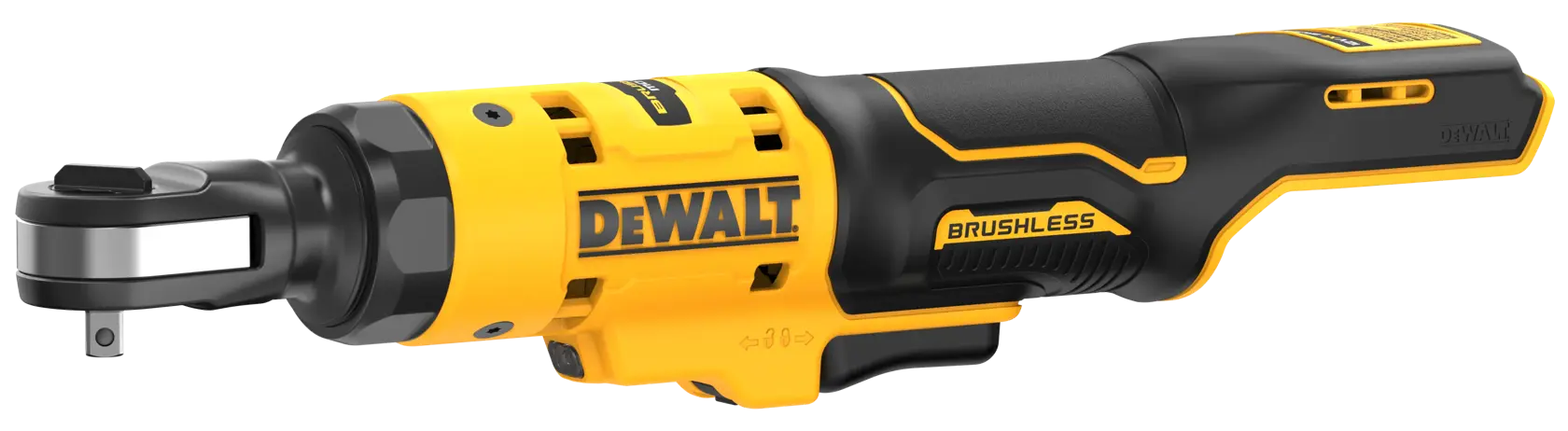 A yellow and black DEWALT cordless brushless ratchet tool with an ergonomic handle and a compact design.