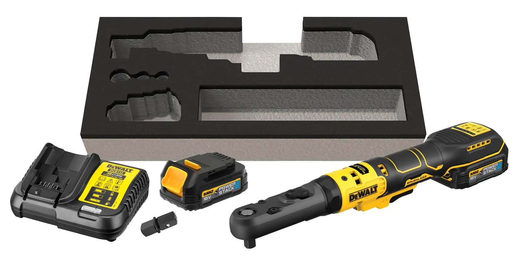 DEWALT cordless ratchet kit with tool, battery, charger, adapter, and foam insert displayed on white background.