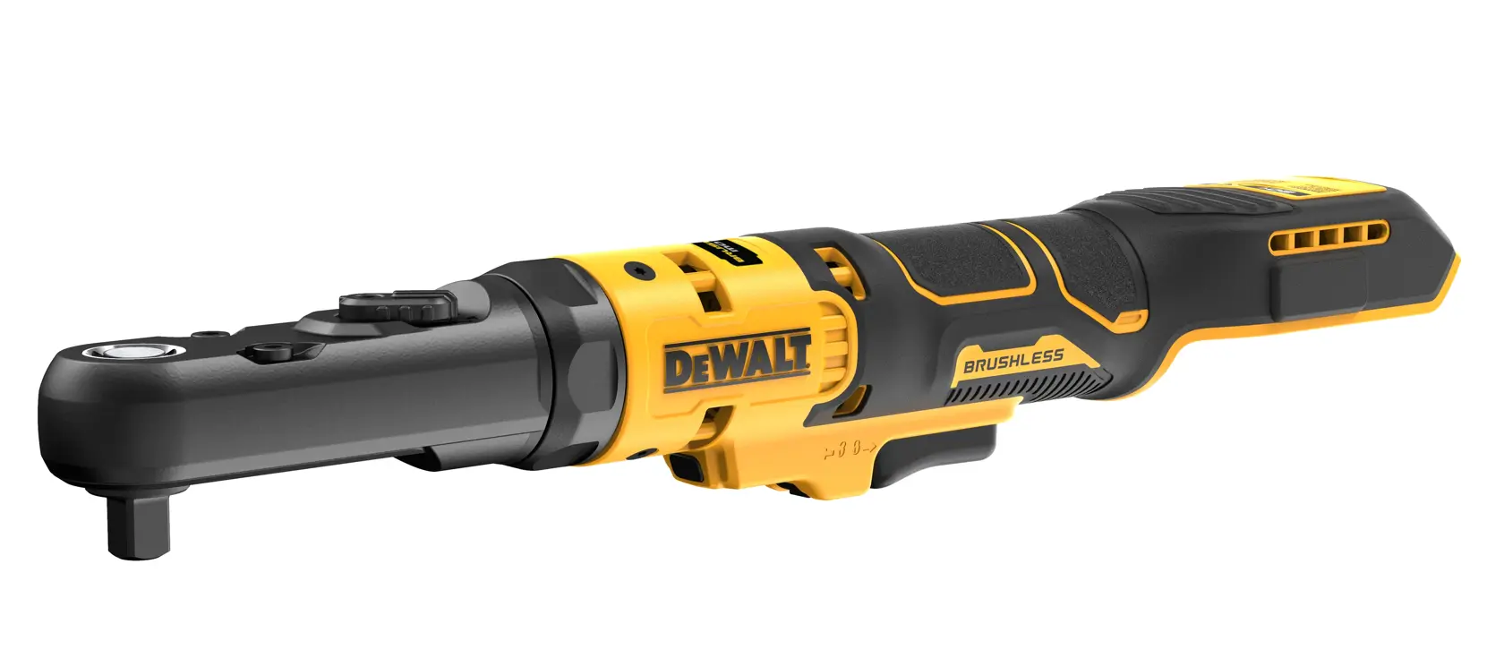 Llave de carraca inalámbrica DEWALT DCF510N amarilla y negra sobre fondo blanco.