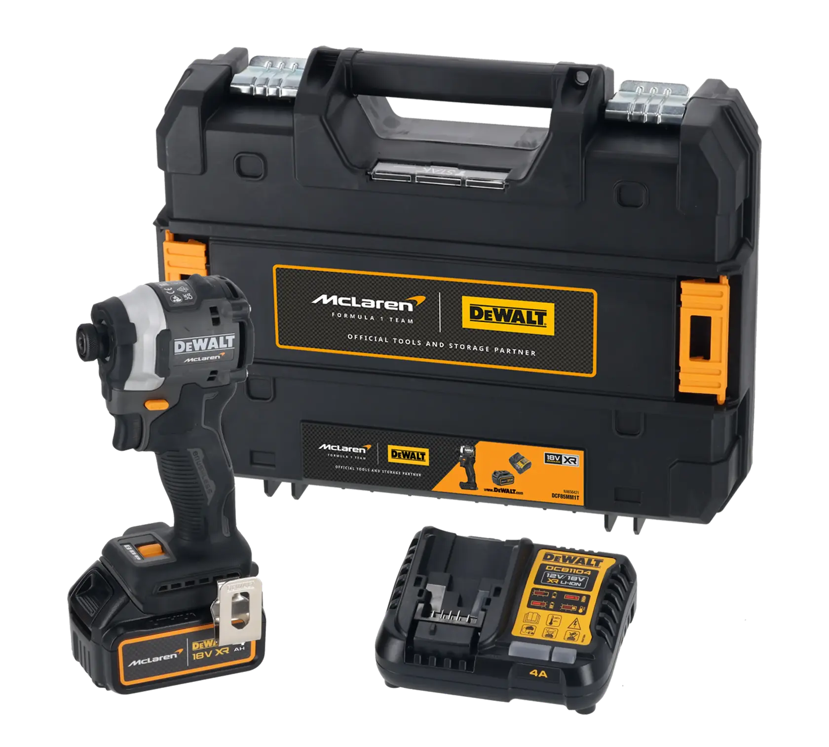 DEWALT/McLaren kit comprising of Impact  Driver DCF850, 1 X 18V 4Ah battery, charger DCB1104 and case