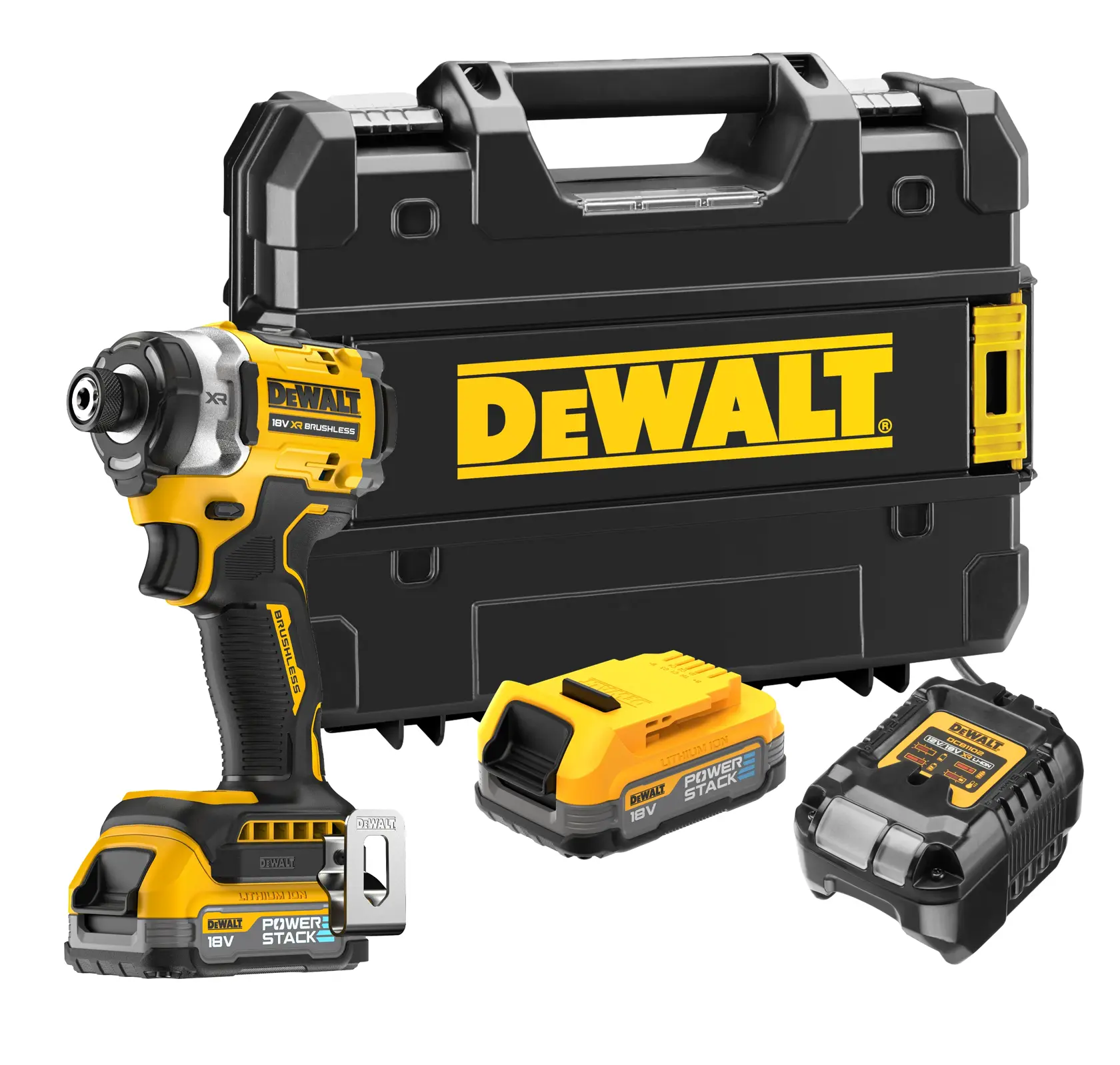 DEWALT cordless impact driver kit with carrying case, battery, and charger, all in black and yellow design.