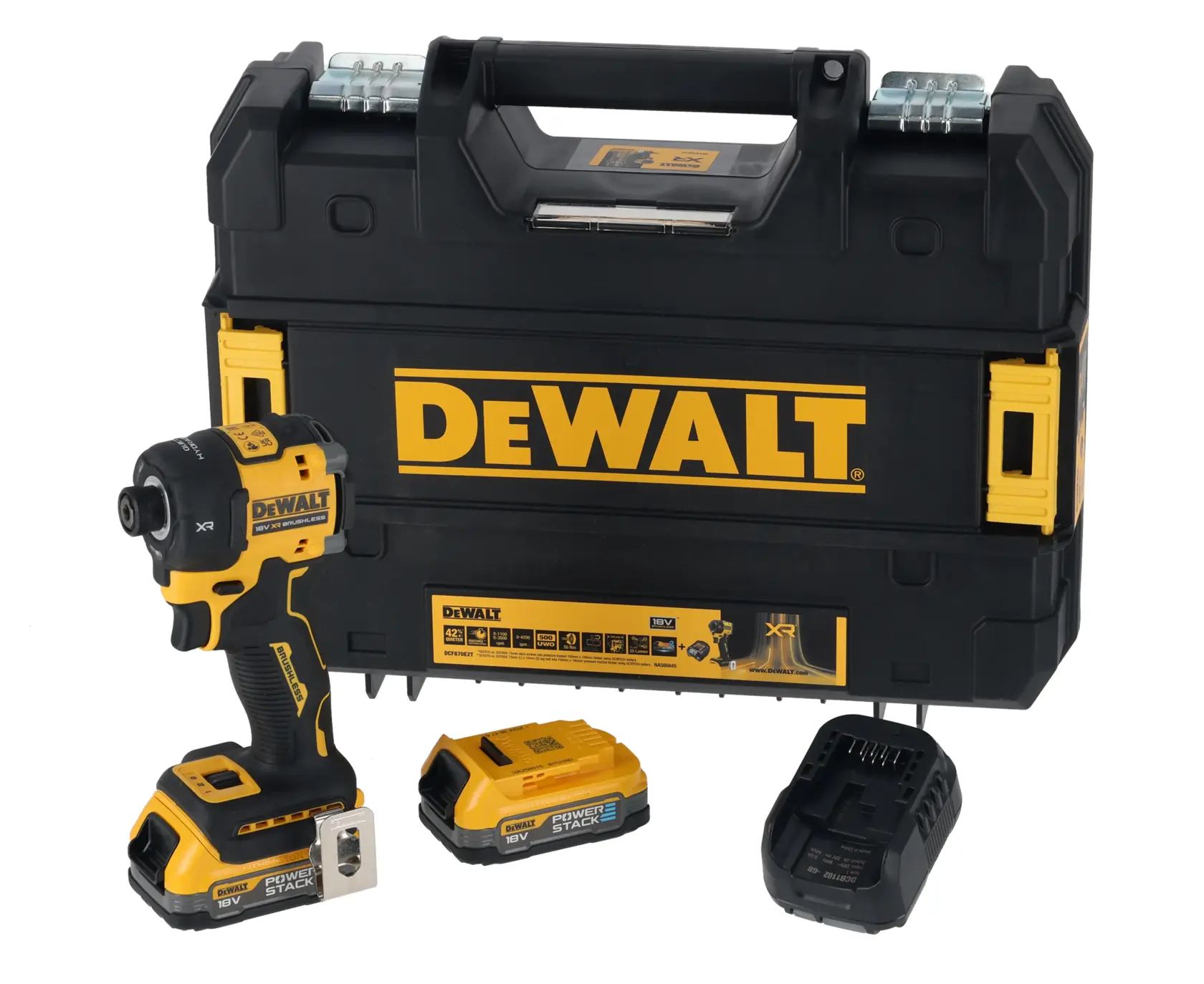Kit de atornillador de impacto DEWALT con estuche, dos baterías y cargador sobre fondo blanco.