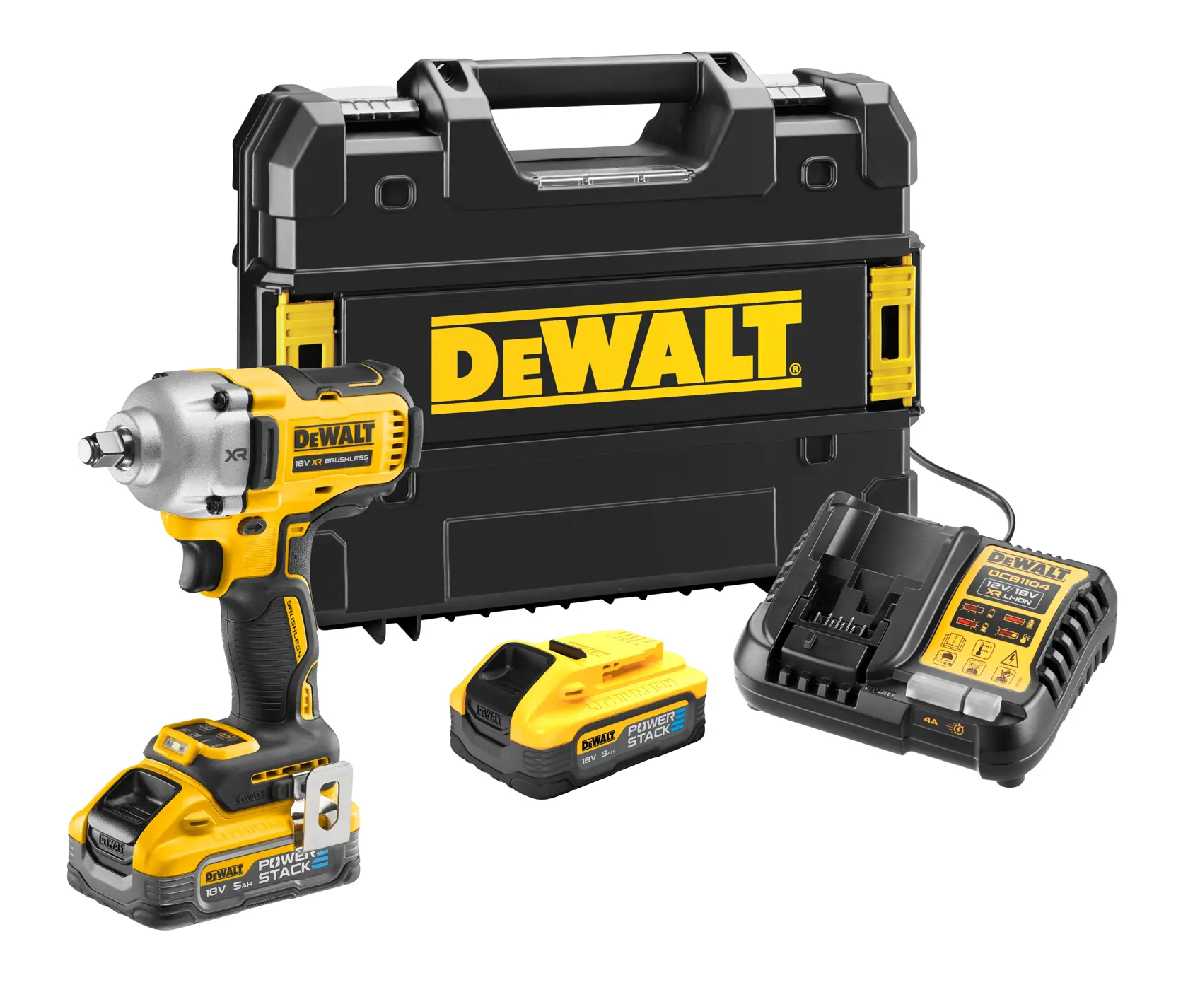 Un kit de llave de impacto inalámbrica DEWALT que incluye la herramienta, una caja de transporte, dos baterías POWERSTACK de 18V y un cargador, todos mostrados sobre un fondo blanco.