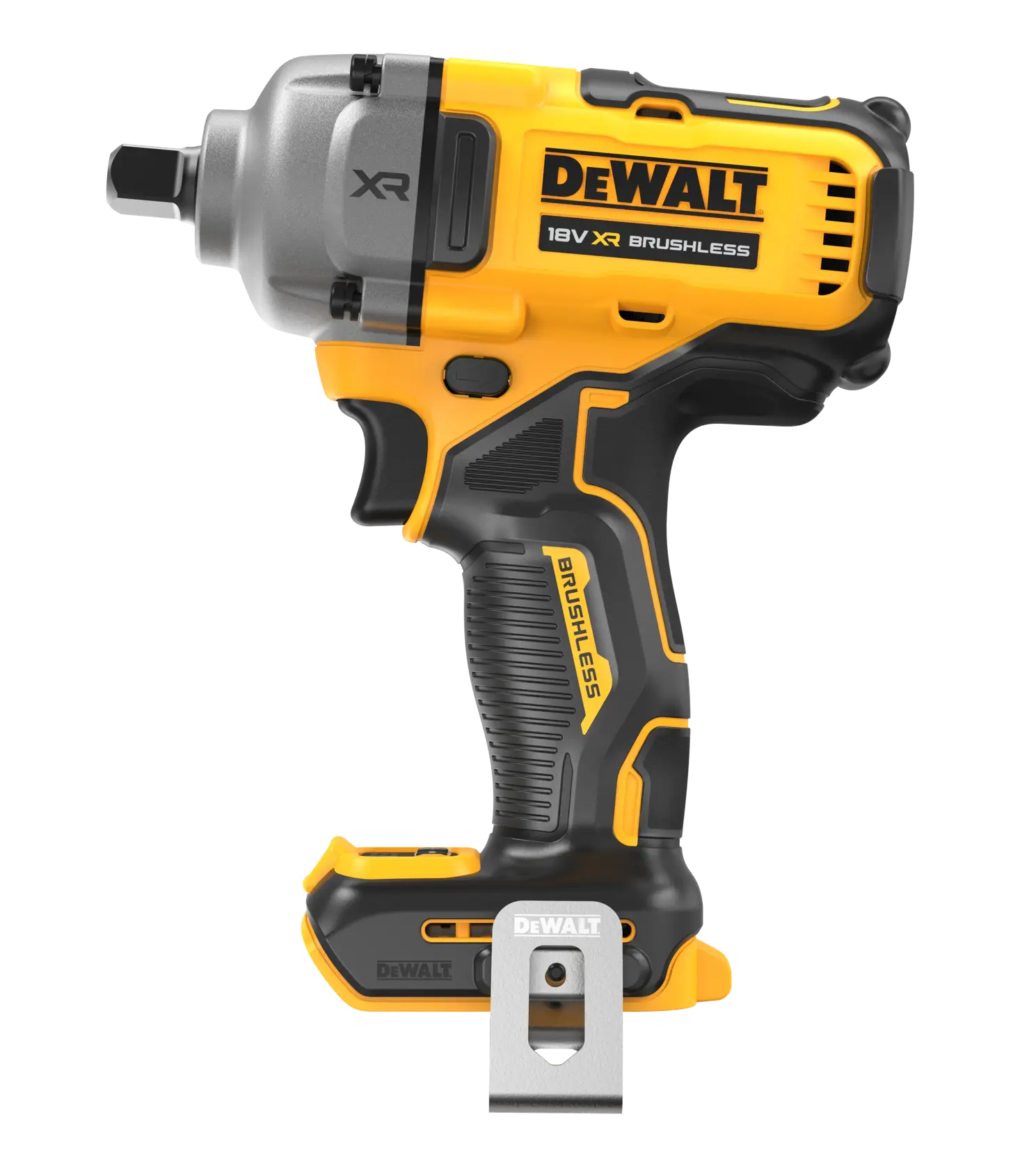DEWALT 18V XR Brushless Schlagschrauber gelb-schwarz, Seitenansicht mit Gürtelclip.