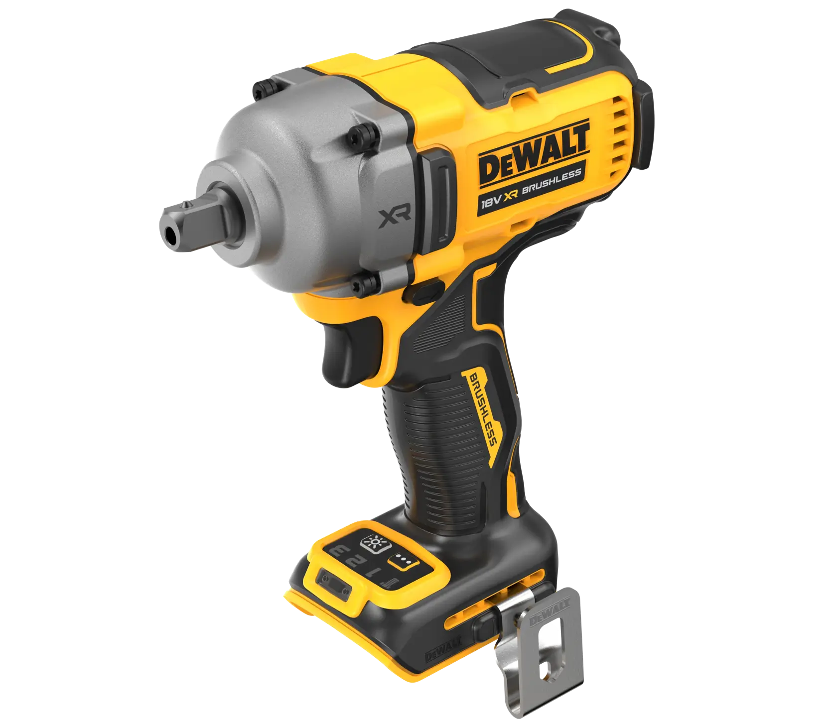 DEWALT power tool, Photography category, SKUs DCF892N, DCZ407P1T1-XE. Yellow and black cordless impact wrench.