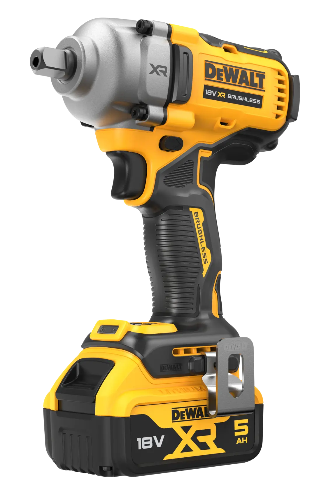 DEWALT 18V XR cordless impact wrench with brushless motor and 5Ah battery, shown in black and yellow.