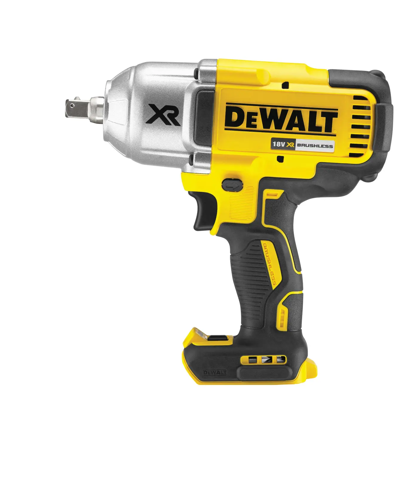 DEWALT 18V XR cordless impact wrench with black and yellow design, shown on a white background.