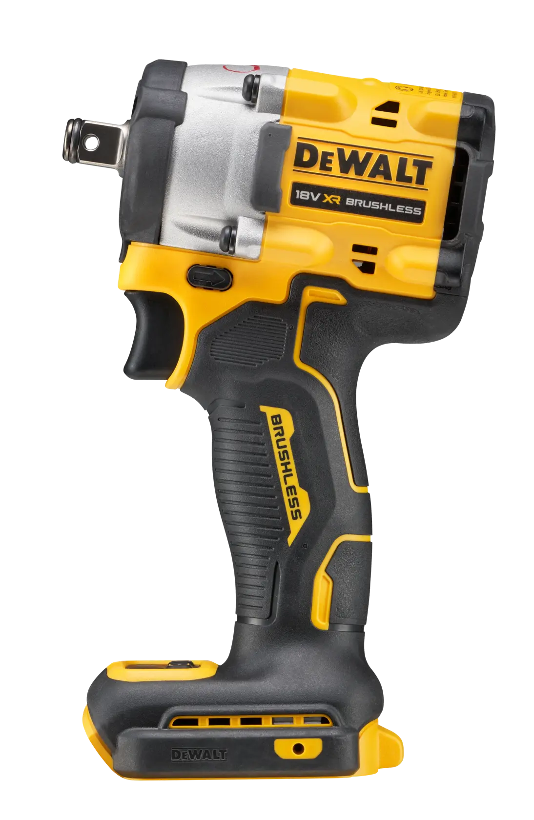 Llave de impacto inalámbrica DEWALT 18V XR brushless, en color amarillo y negro, colocada de pie sobre un fondo blanco.