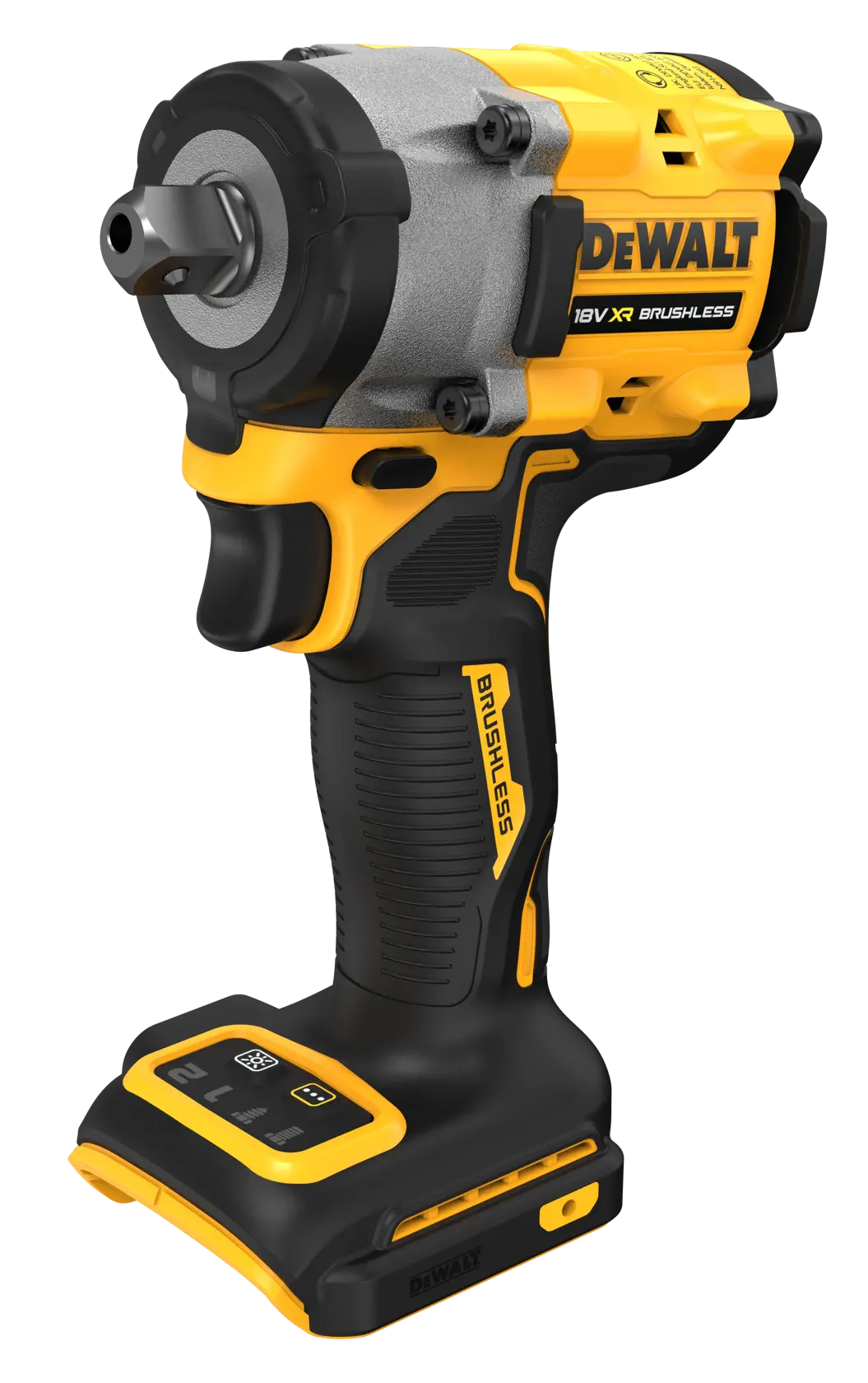 A DEWALT 18V XR Brushless cordless impact wrench with a yellow and black design, shown without battery attached.