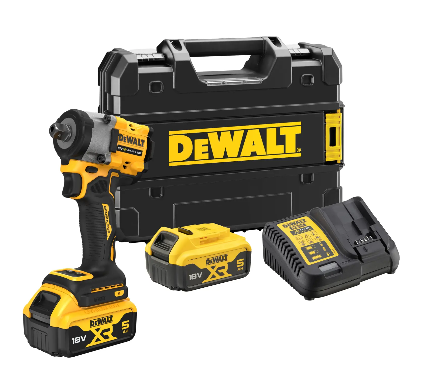 A DEWALT cordless impact wrench kit consisting of an 18V XR impact wrench tool with battery attached, a second spare battery, a battery charger, and a hard carrying case with the DEWALT logo.