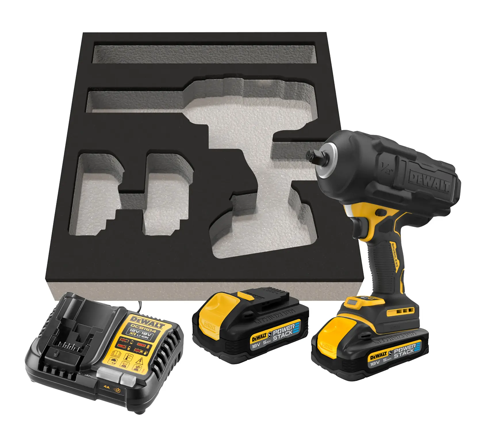 DEWALT® 18V XR безчетков 1/2" ударен гайковерт с висок въртящ момент и Hog Ring захват - 2 X 5Ah POWERSTACK™ батерии, за автомобилния сектор