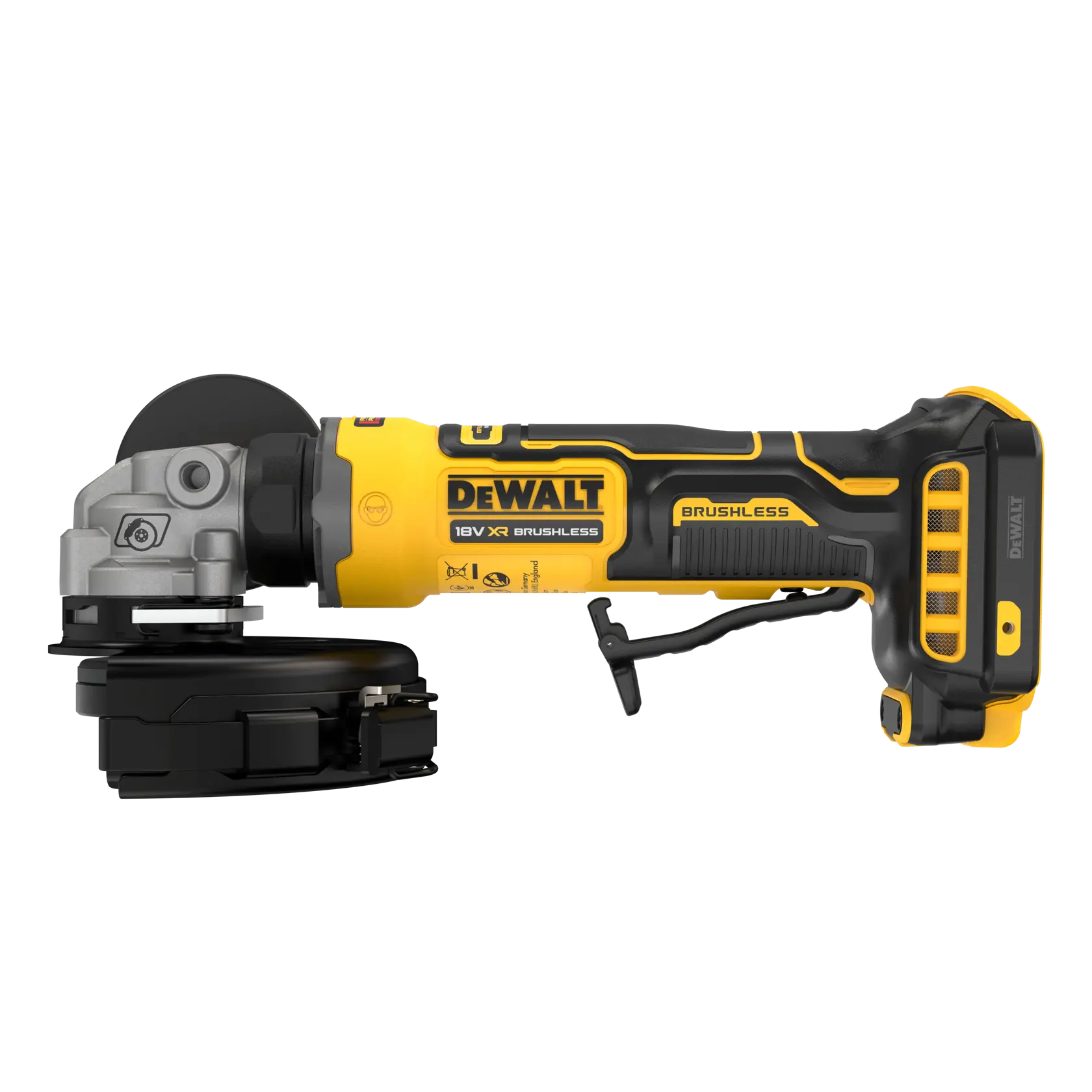 DEWALT 18V XR brushless cordless angle grinder with black and yellow body, side profile view.