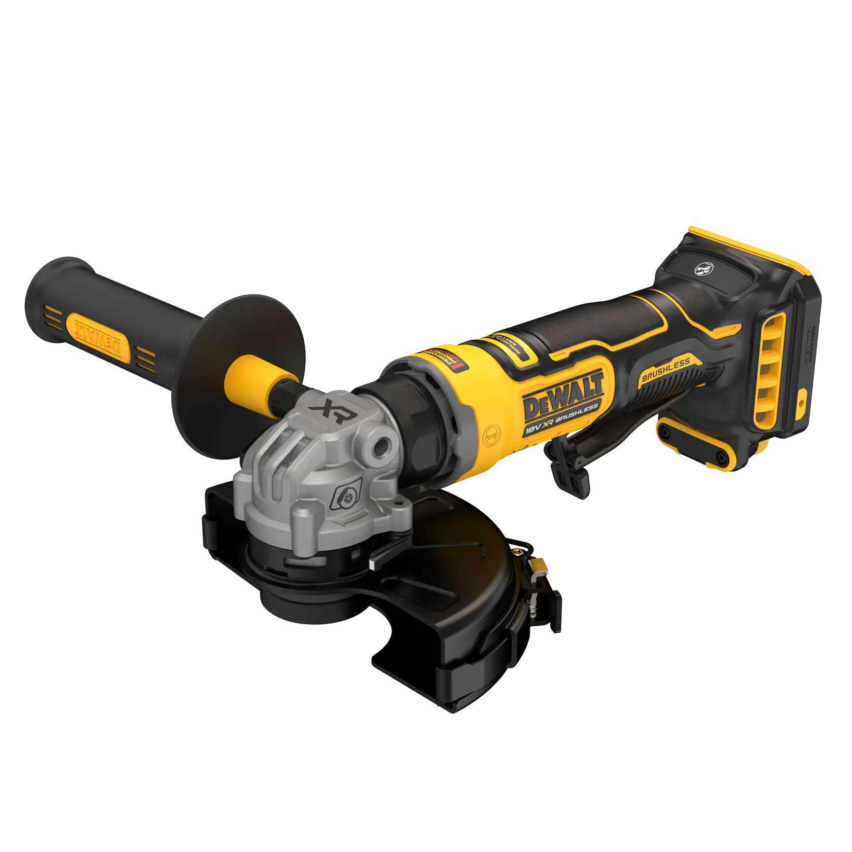 DEWALT cordless angle grinder with black and yellow handle, brushless motor, and protective guard.