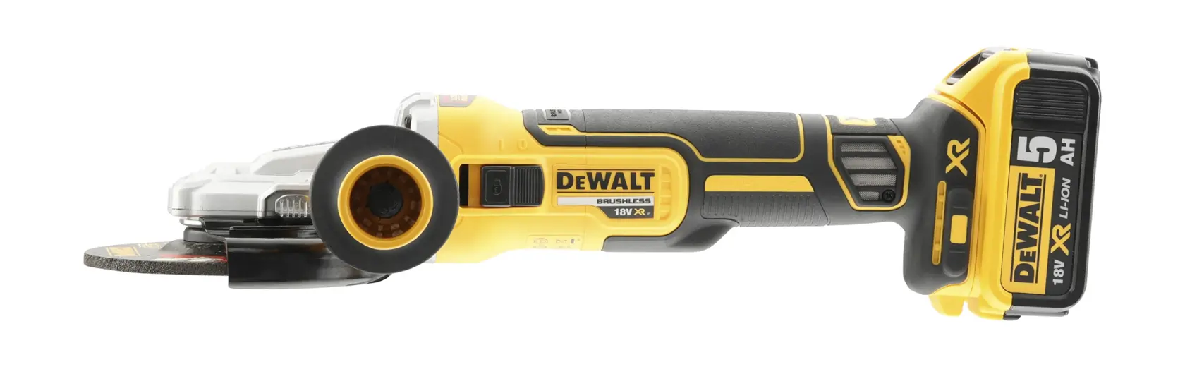 Amoladora angular DEWALT inalámbrica con batería de 18V, diseño amarillo y negro, vista lateral.