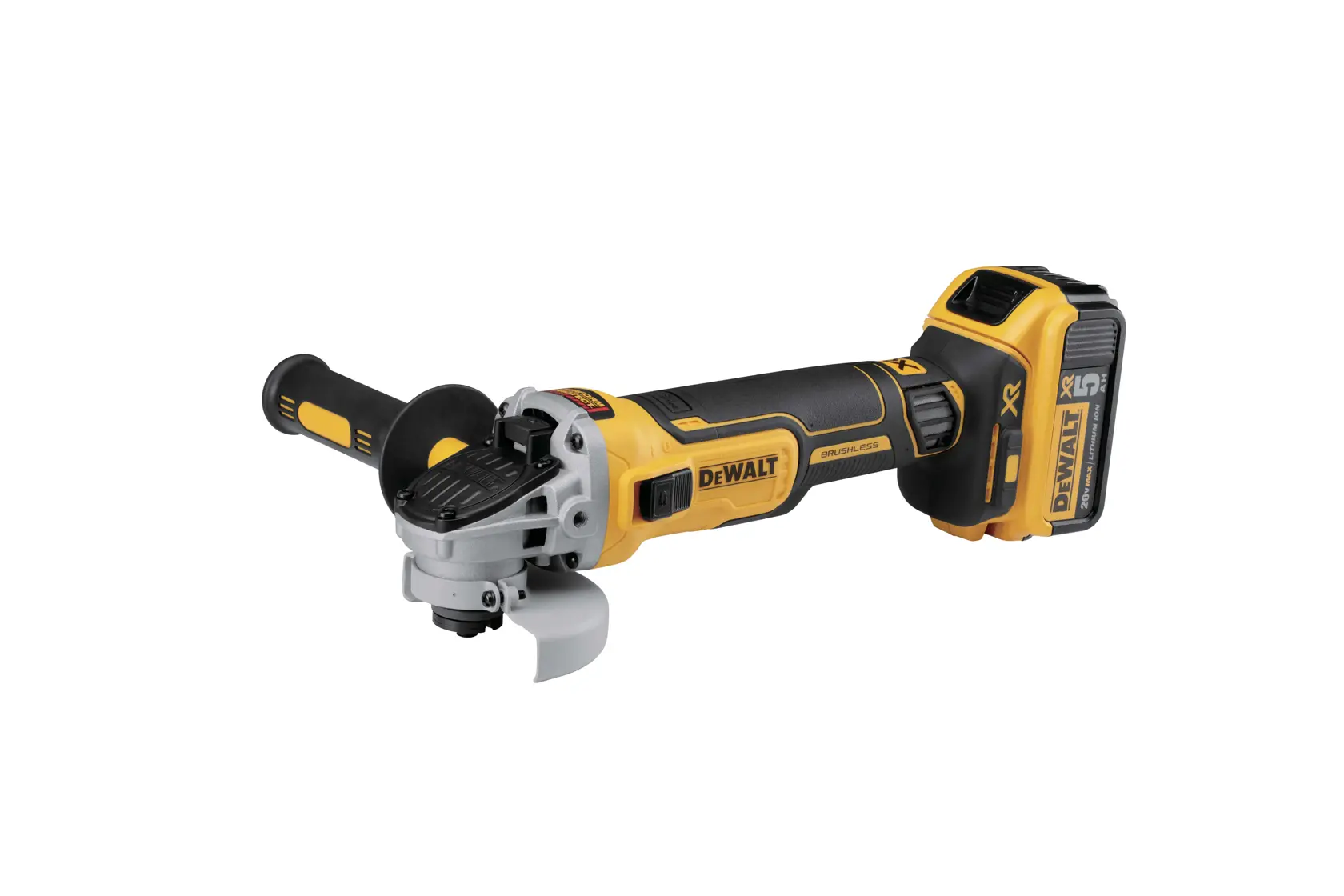Amoladora angular inalámbrica DEWALT amarilla y negra con mango lateral y protector.