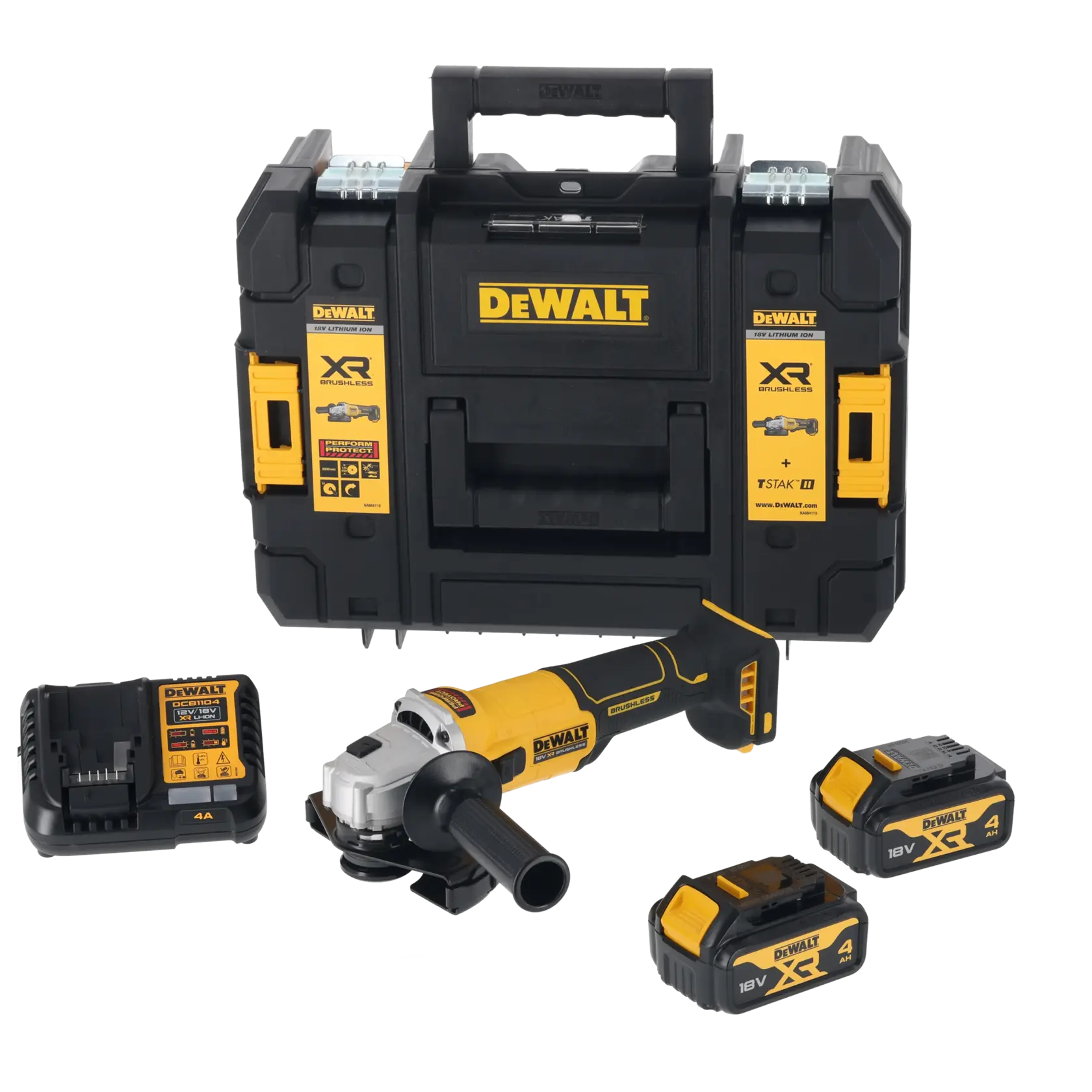 DEWALT DCG407M2T, DCG407M2T-QW kit with grinder, two 18V batteries, charger, and case. Photography category.
