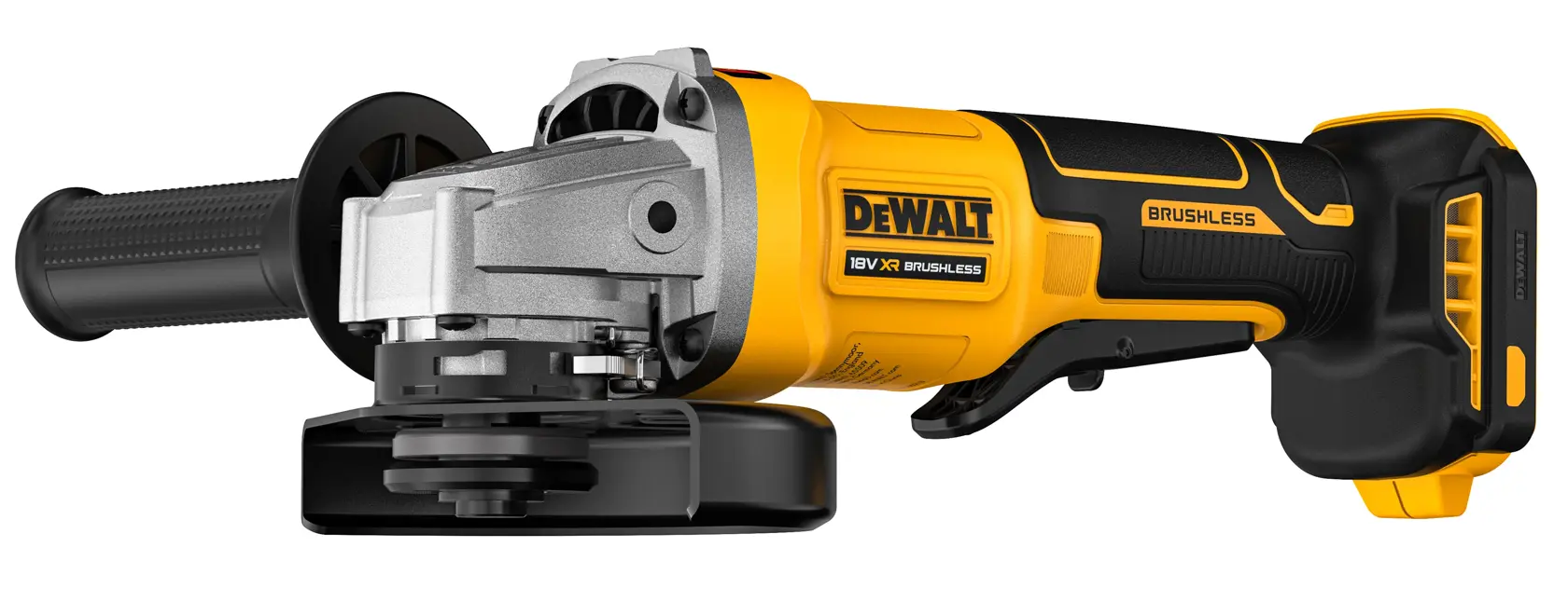 Amoladora angular DEWALT inalámbrica, diseño amarillo-negro, mango lateral y motor sin escobillas visibles.