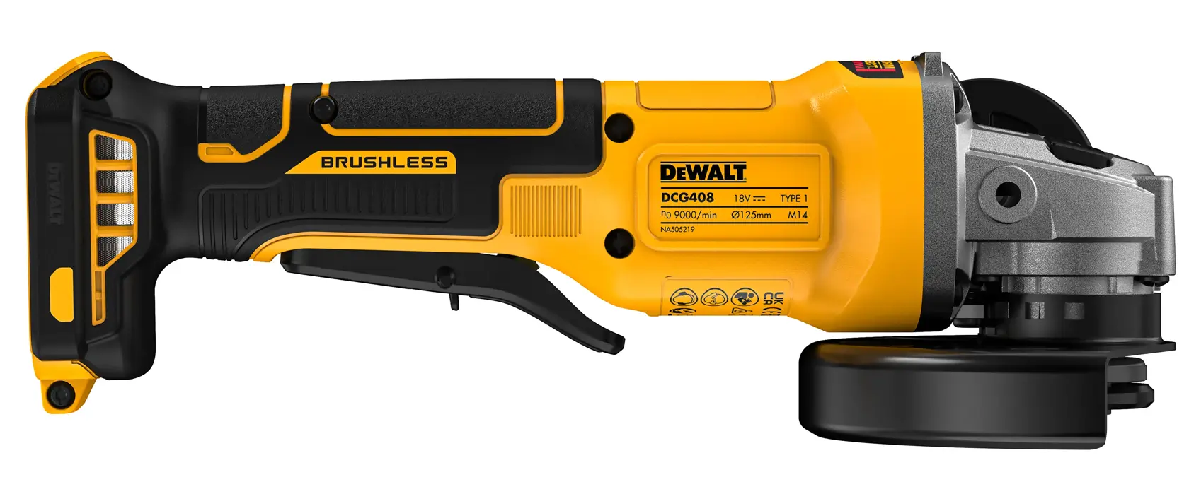 Amoladora angular inalámbrica DEWALT DCG408N, amarilla y negra, vista lateral, con protector.