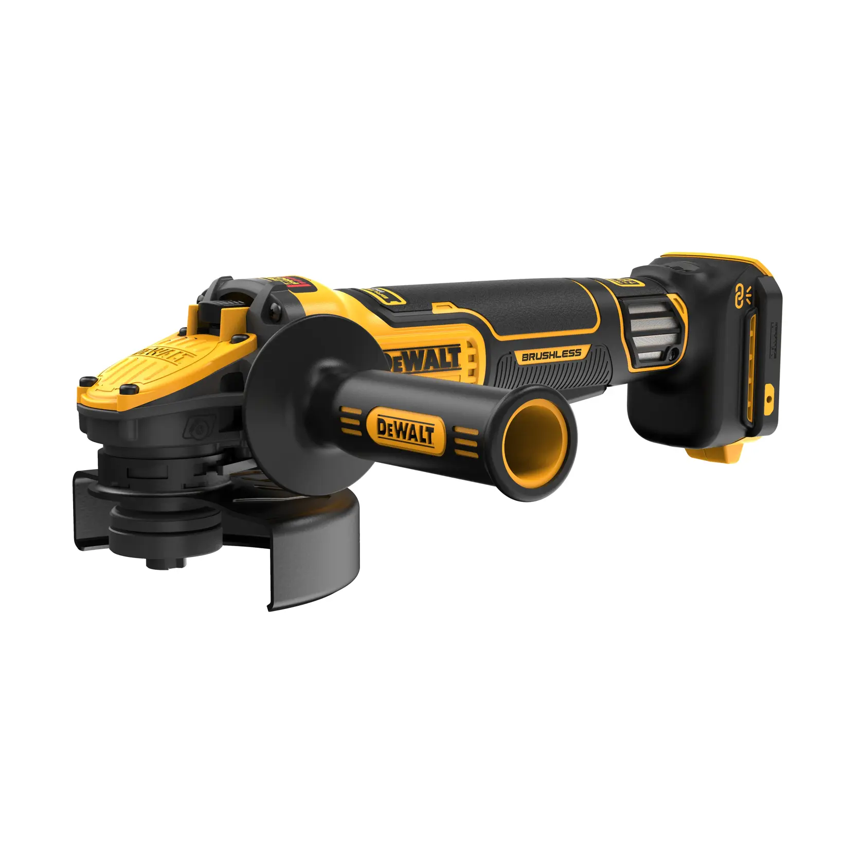 DEWALT Akku-Winkelschleifer mit bürstenlosem Motor, gelb-schwarz, Seitenhalter, Batterie.