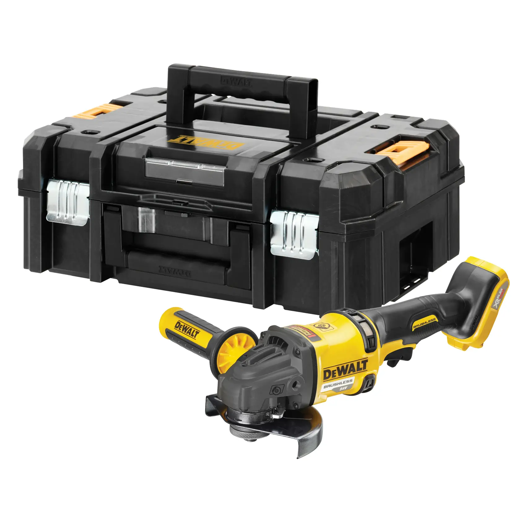 Amoladora inalámbrica DEWALT con caja de herramientas negra y amarilla de plástico rígido, mostradas de pie.