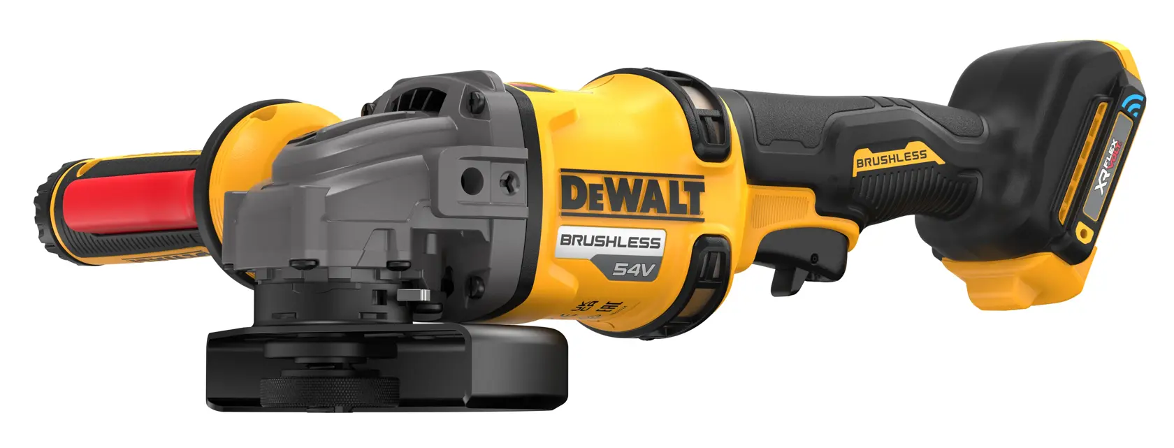 Amoladora angular DEWALT 54V inalámbrica, brushless, cuerpo amarillo-negro y mango lateral.