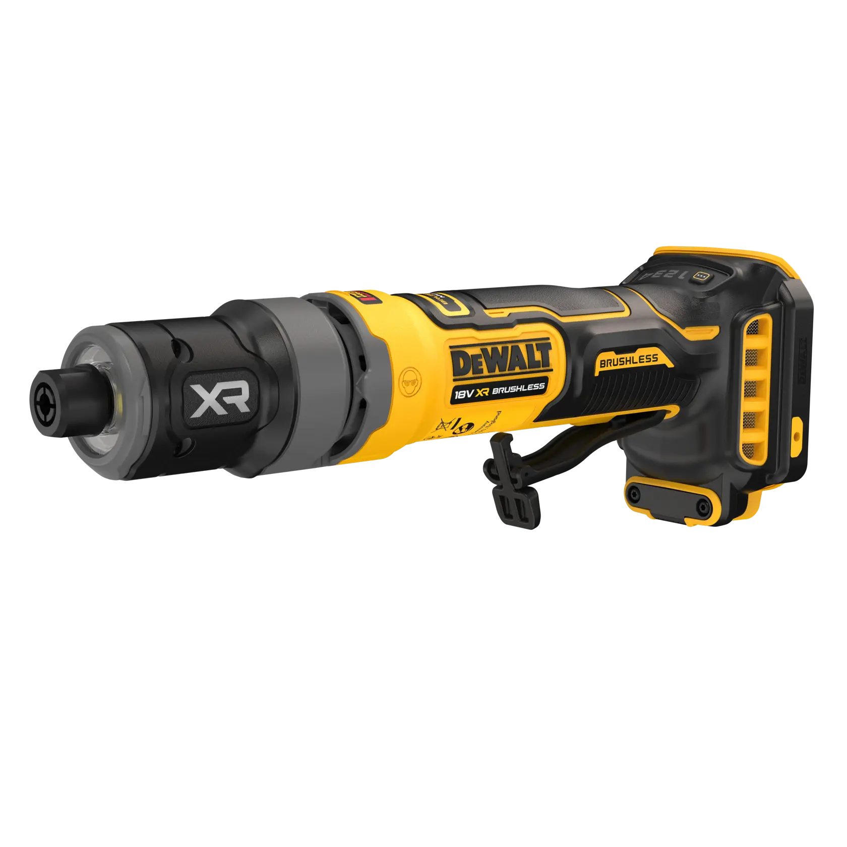 DEWALT power tool DCG420N-XJ, DCG420N in Photography category. Yellow and black handheld design.