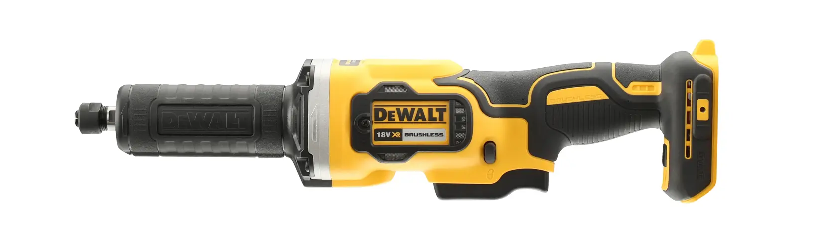 DEWALT DCG426N 18V XR batteridrevet børsteløs rettsliper i gul og svart, vist på hvit bakgrunn.