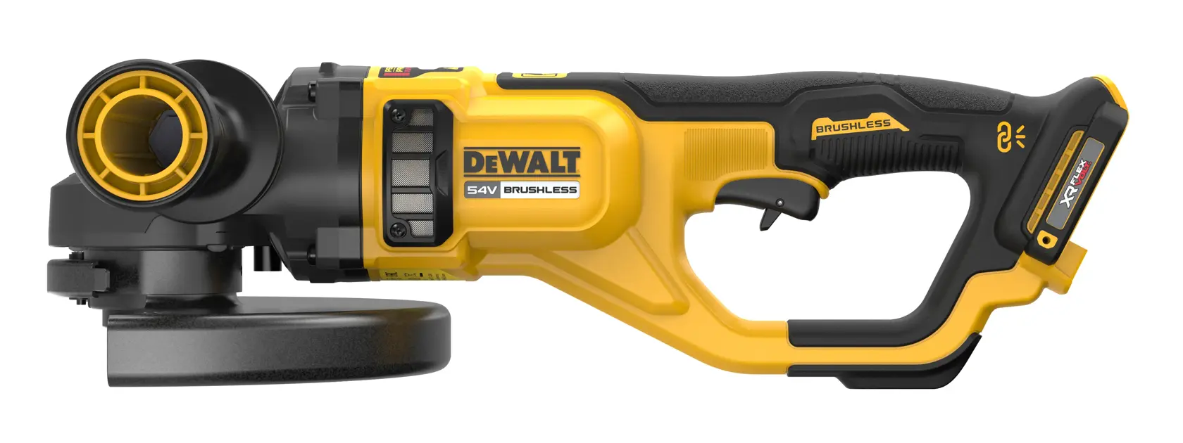 DEWALT DCG460NK 54V Akku-Winkelschleifer, bürstenlos, gelb-schwarzes Gehäuse, Seitenansicht.