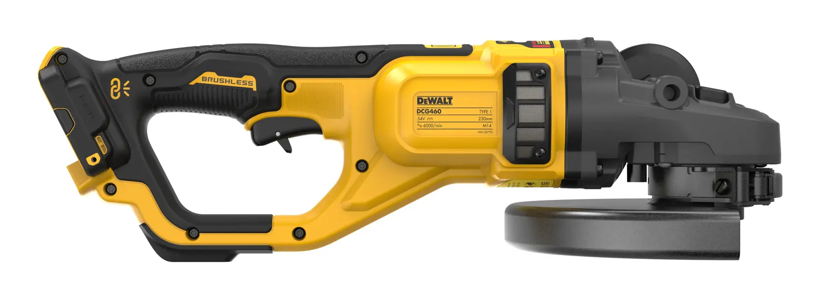 DEWALT DCG460NK kabellose, bürstenlose Winkelschleifer in Gelb und Schwarz, Seitenansicht.