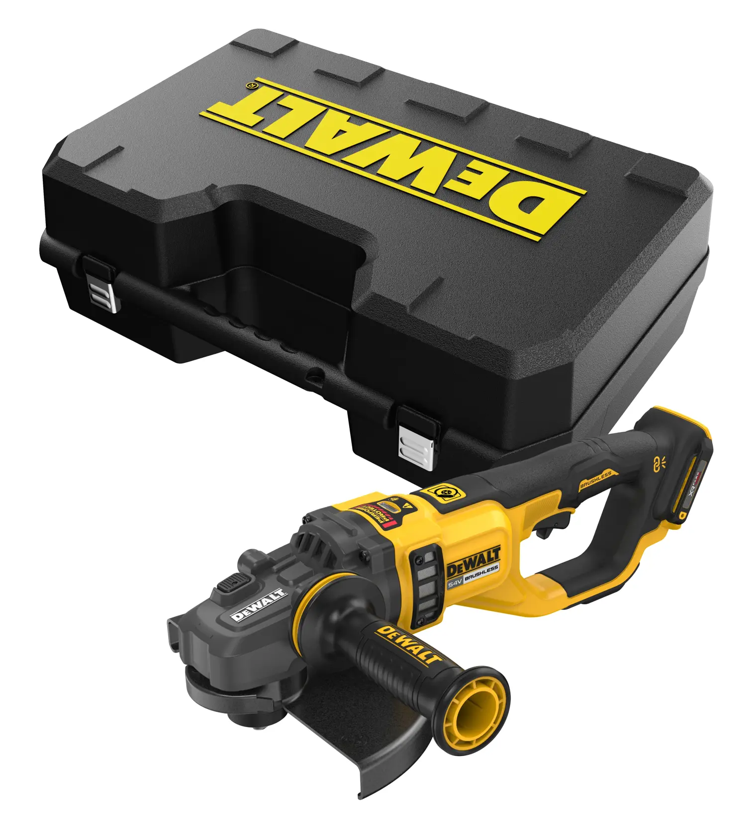 DEWALT Akku-Winkelschleifer mit schwarzem Transportkoffer, auf weißem Hintergrund.