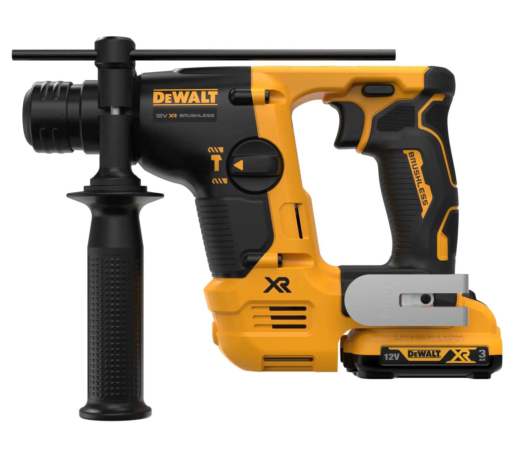 Perforateur DEWALT sans fil avec poignée latérale et batterie XR 12V, coloris jaune et noir.