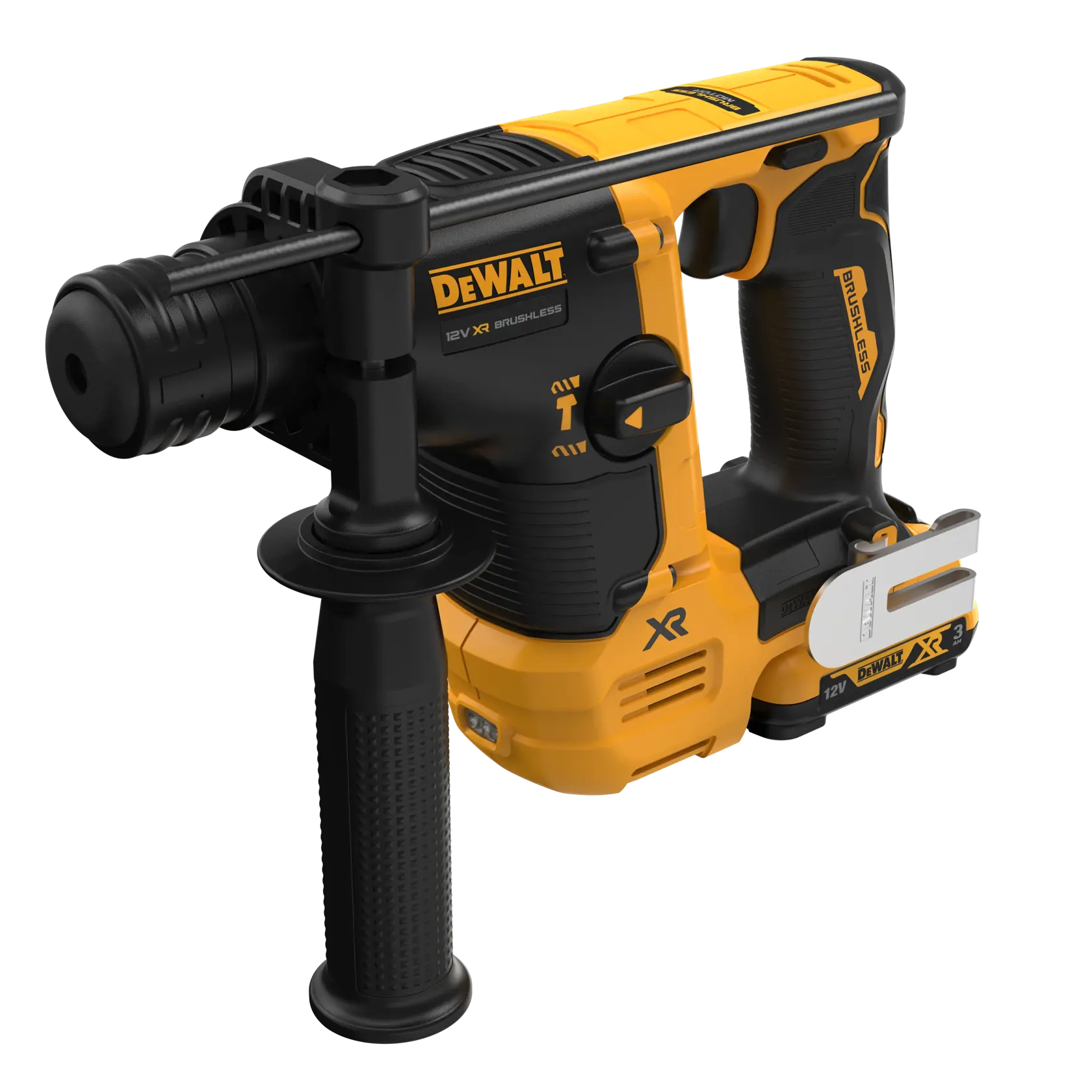 Marteau perforateur sans fil DEWALT 12V, poignée latérale et corps jaune et noir.