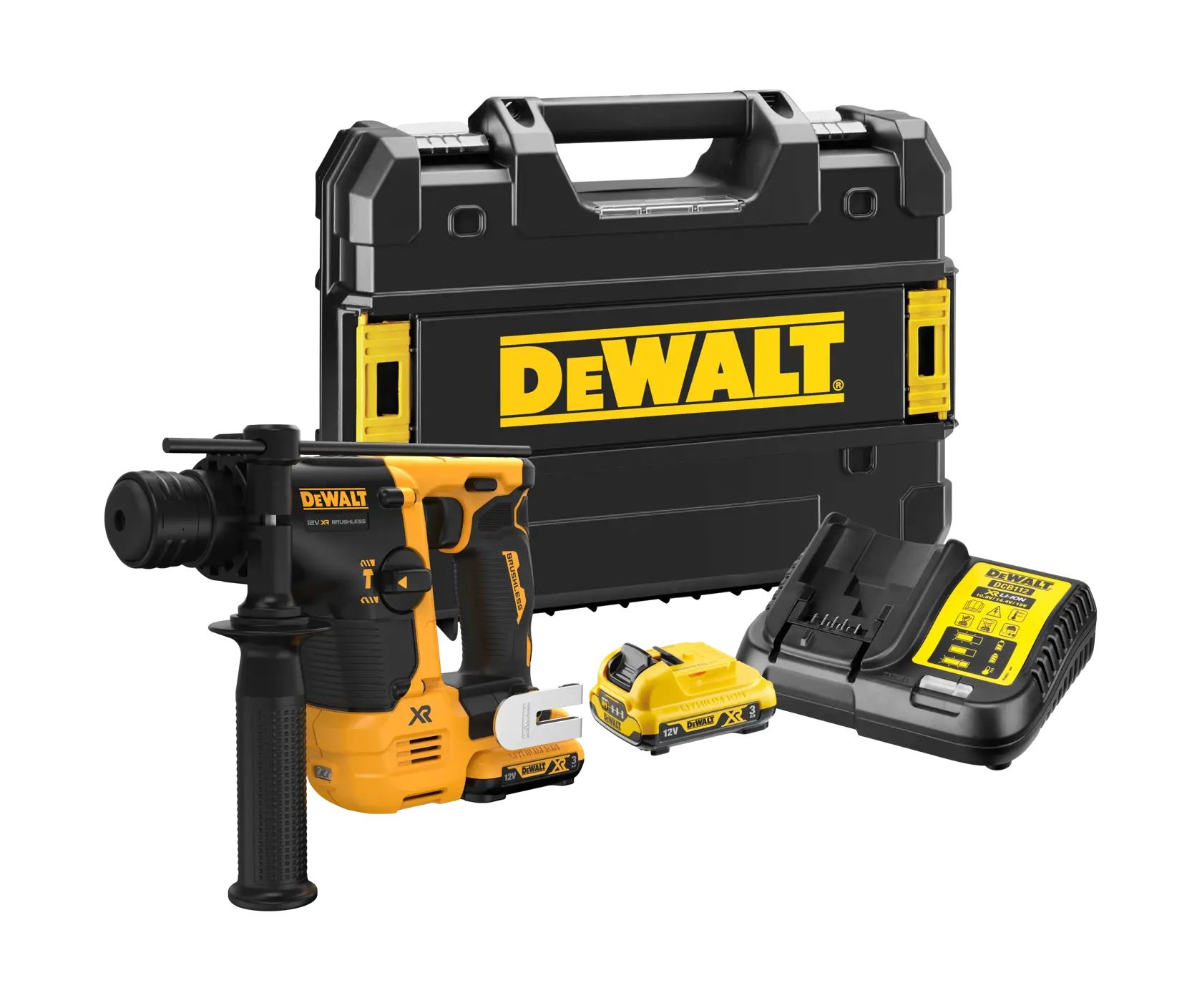 Kit de marteau perforateur sans fil DEWALT avec une mallette de transport noir et jaune, deux batteries et une station de charge.