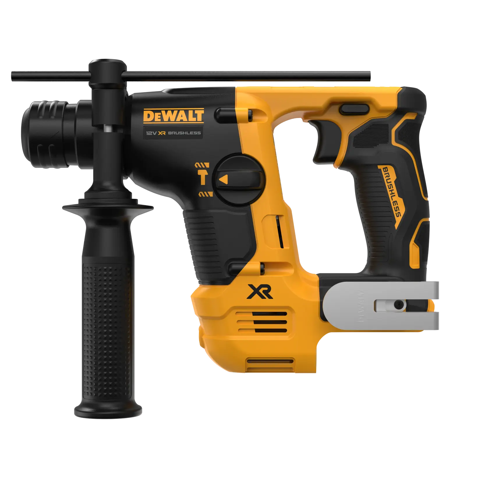 DEWALT rotary hammer. Photography category. SKUs: DCH072NT, DCH072N, DCH072N-XJ. Yellow and black tool.