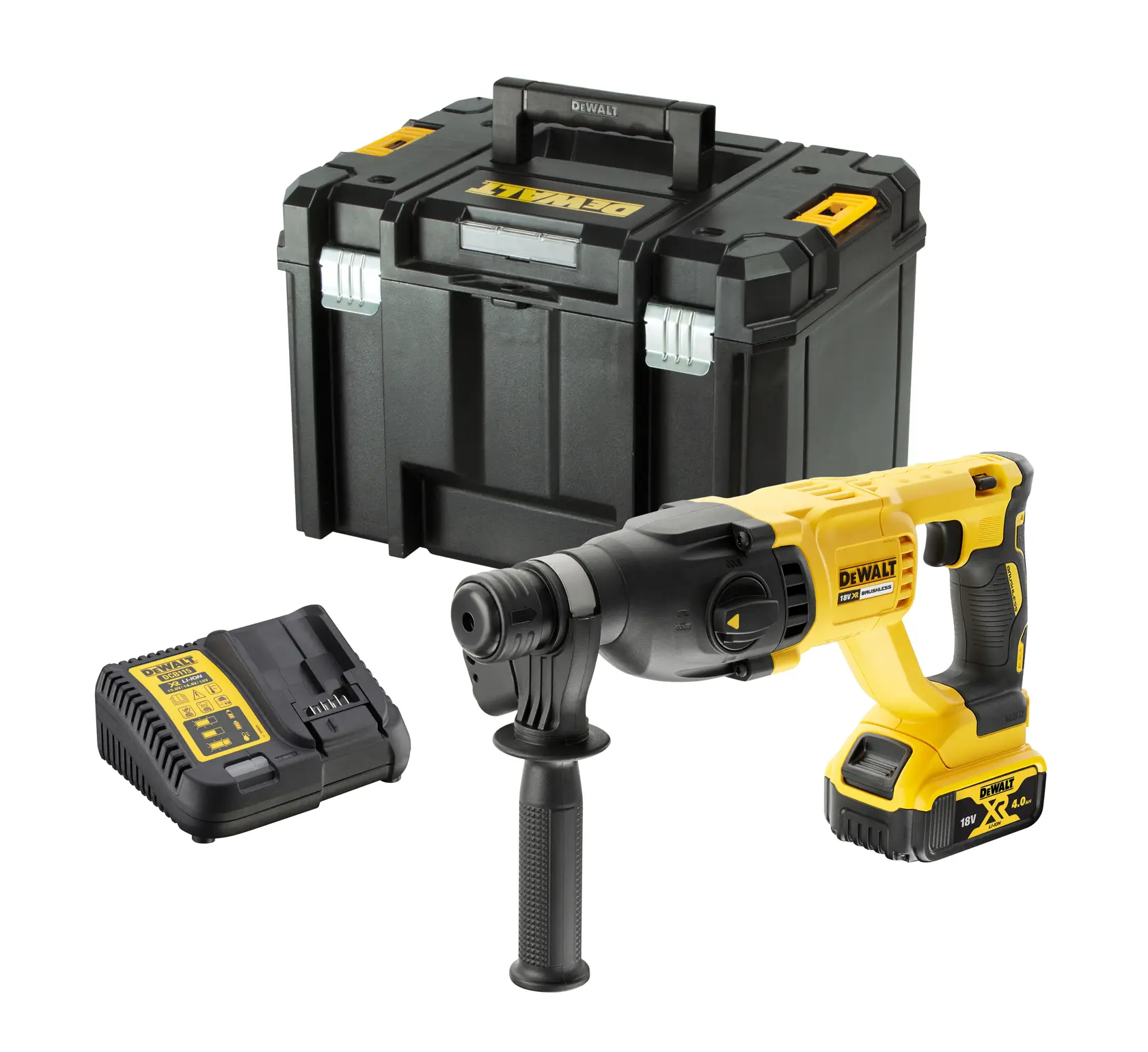 DEWALT cordless rotary hammer drill kit with battery, charger and sturdy black toolbox.
