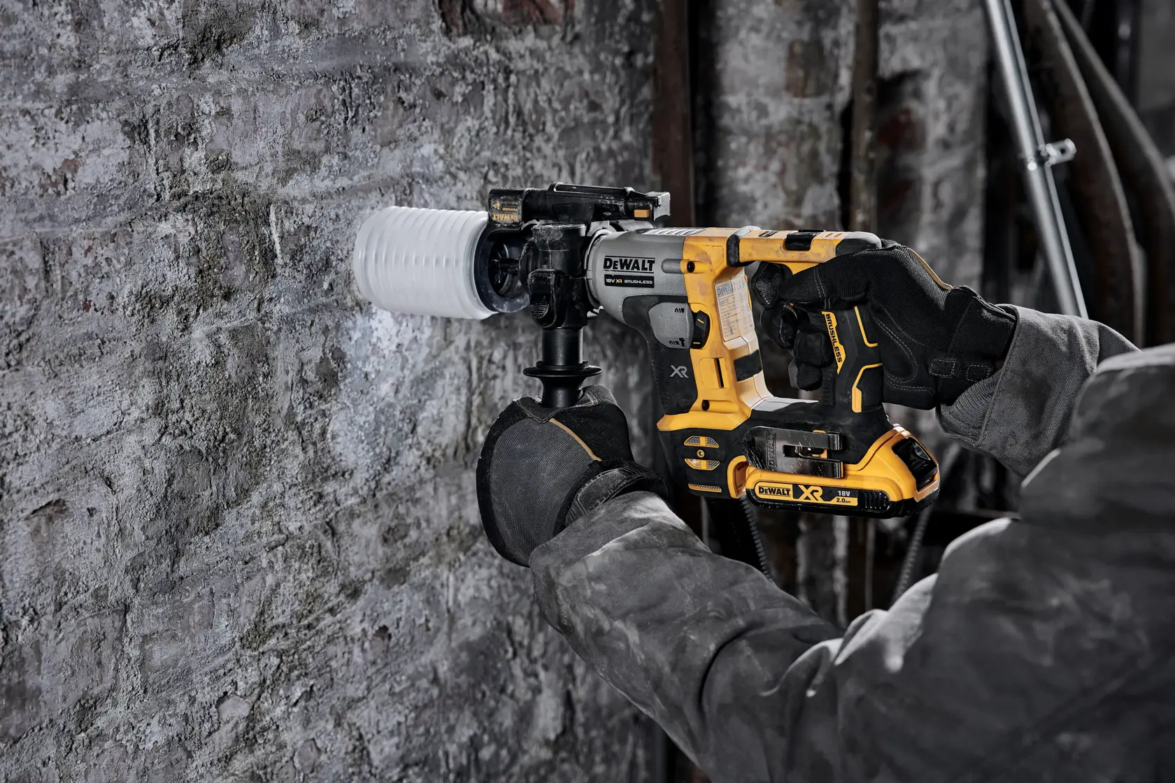 DEWALT DCH172NT-XJ, DCH172NT used by gloved hand drilling into wall. Photography product image.