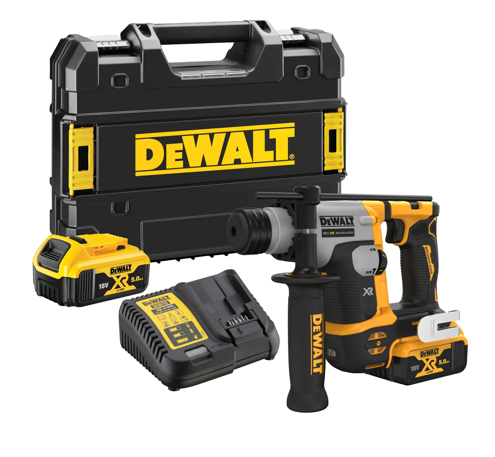 DEWALT cordless rotary hammer drill set including a black and yellow hard carrying case, two 18V XR lithium-ion batteries, a battery charger, and the DCH172P2 rotary hammer drill with side handle.