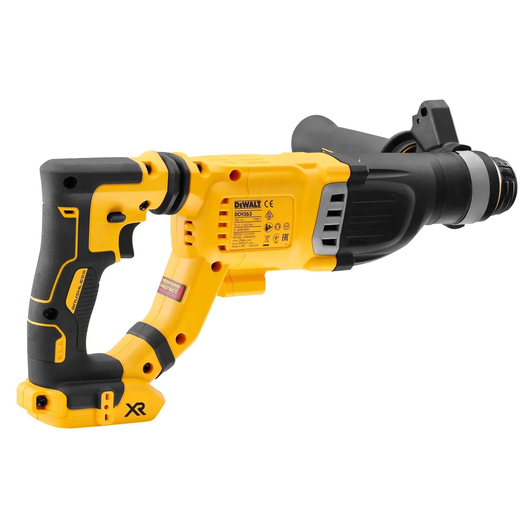 A DeWalt DCH263N cordless rotary hammer drill, featuring a yellow and black body with ergonomic grip and compact design.