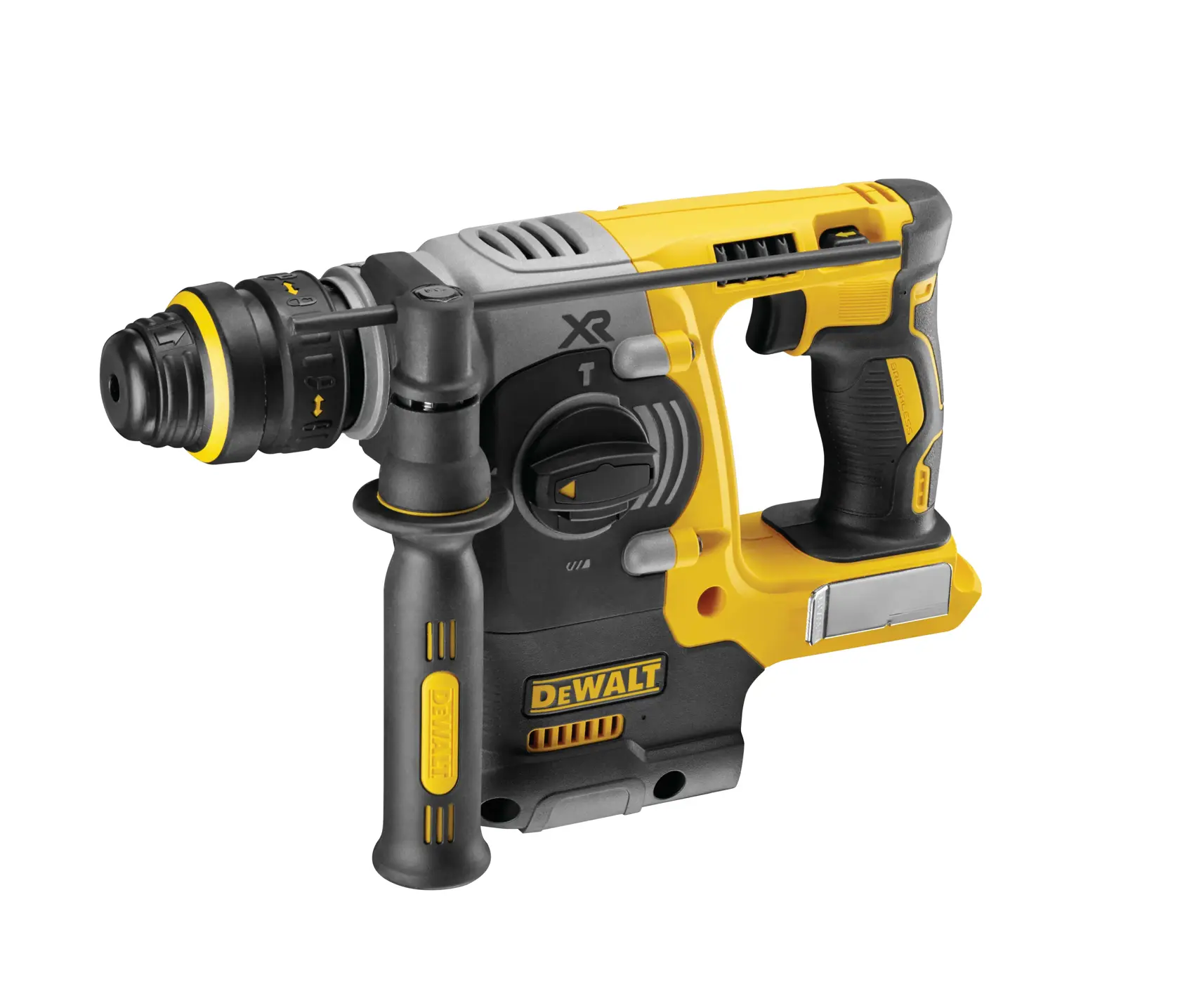 DEWALT cordless rotary hammer drill with side handle, yellow and black, shown on a white background.