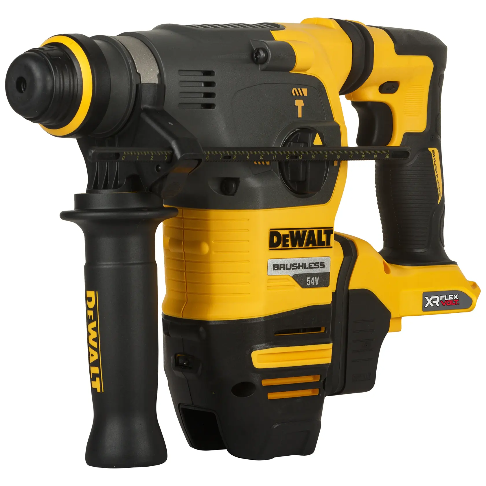 Martillo rotativo DEWALT DCH333NT brushless, 54V, amarillo-negro, mango lateral, etiqueta XR Flexvolt.
