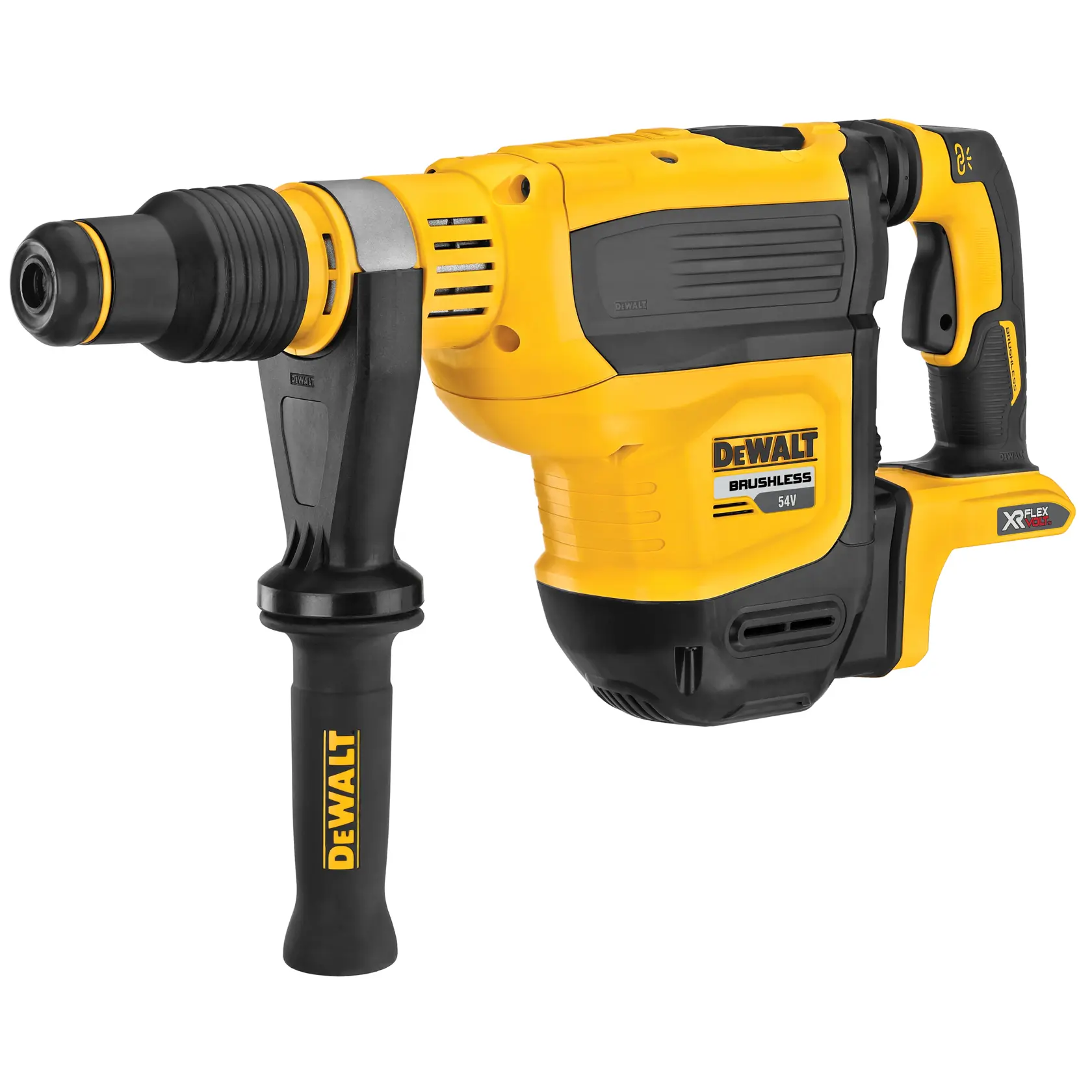 DEWALT DCH614N brushless 54V rotary hammer drill with side handle, yellow and black body.
