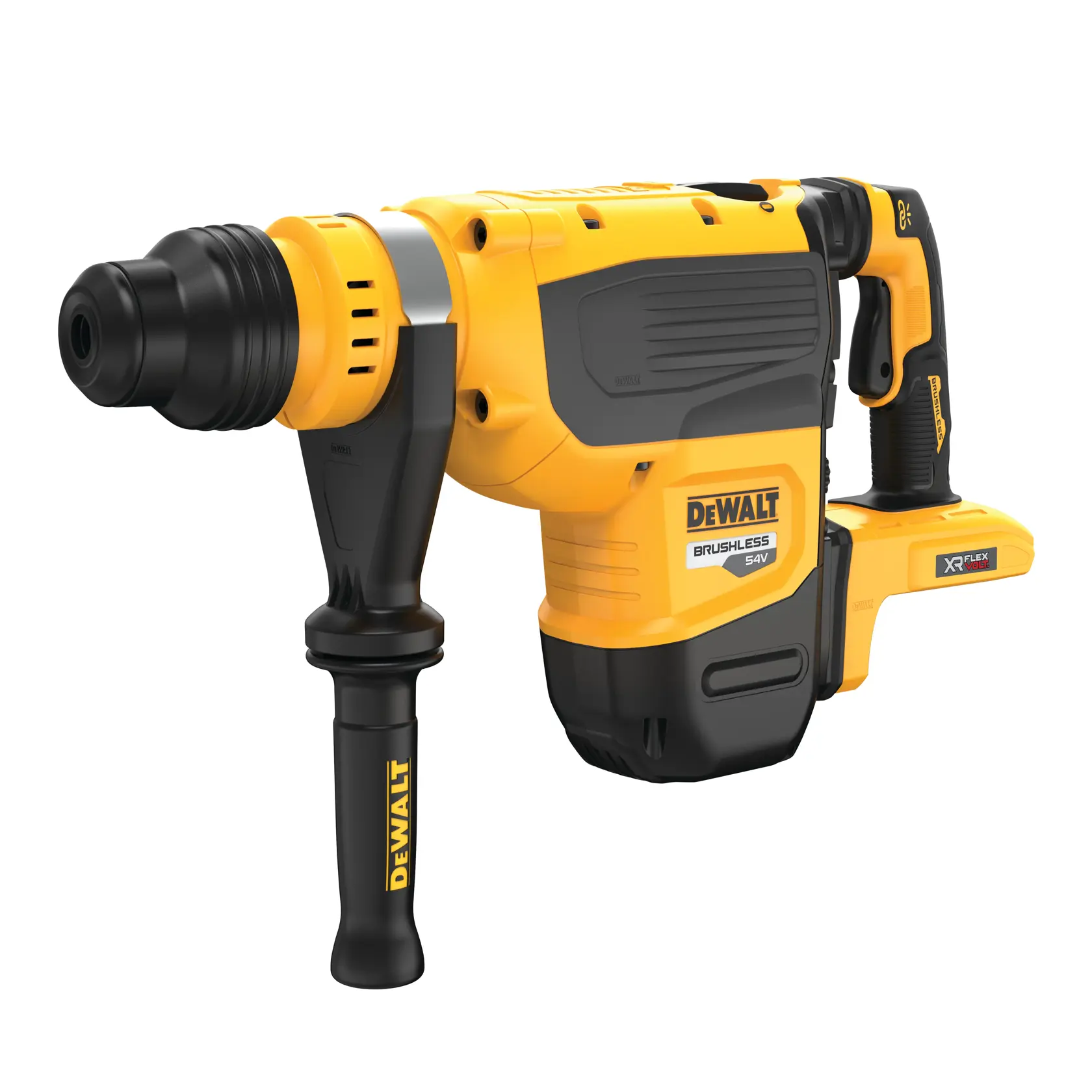 Un martillo rotativo inalámbrico DEWALT, modelo DCH735N, con diseño amarillo y negro, mango lateral y motor sin escobillas de 54V.