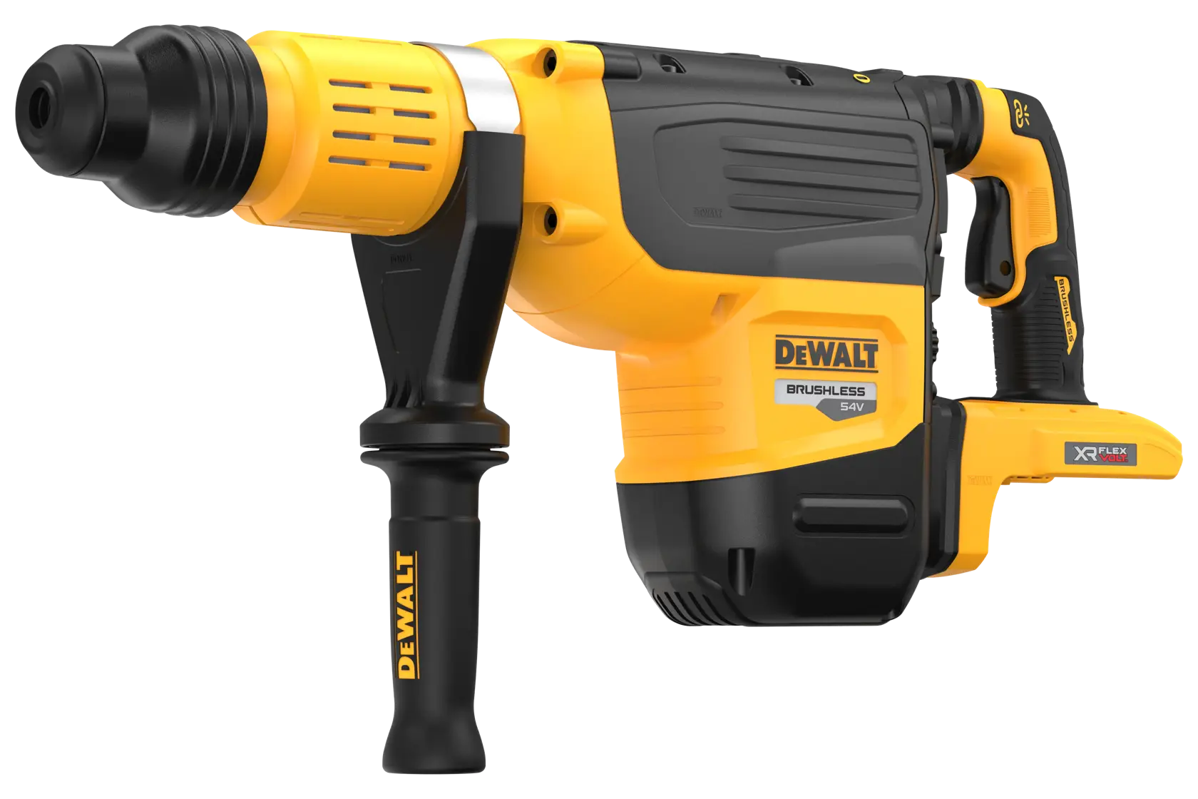 Martillo rotativo inalámbrico DEWALT DCH775N amarillo y negro con mango, vista lateral.