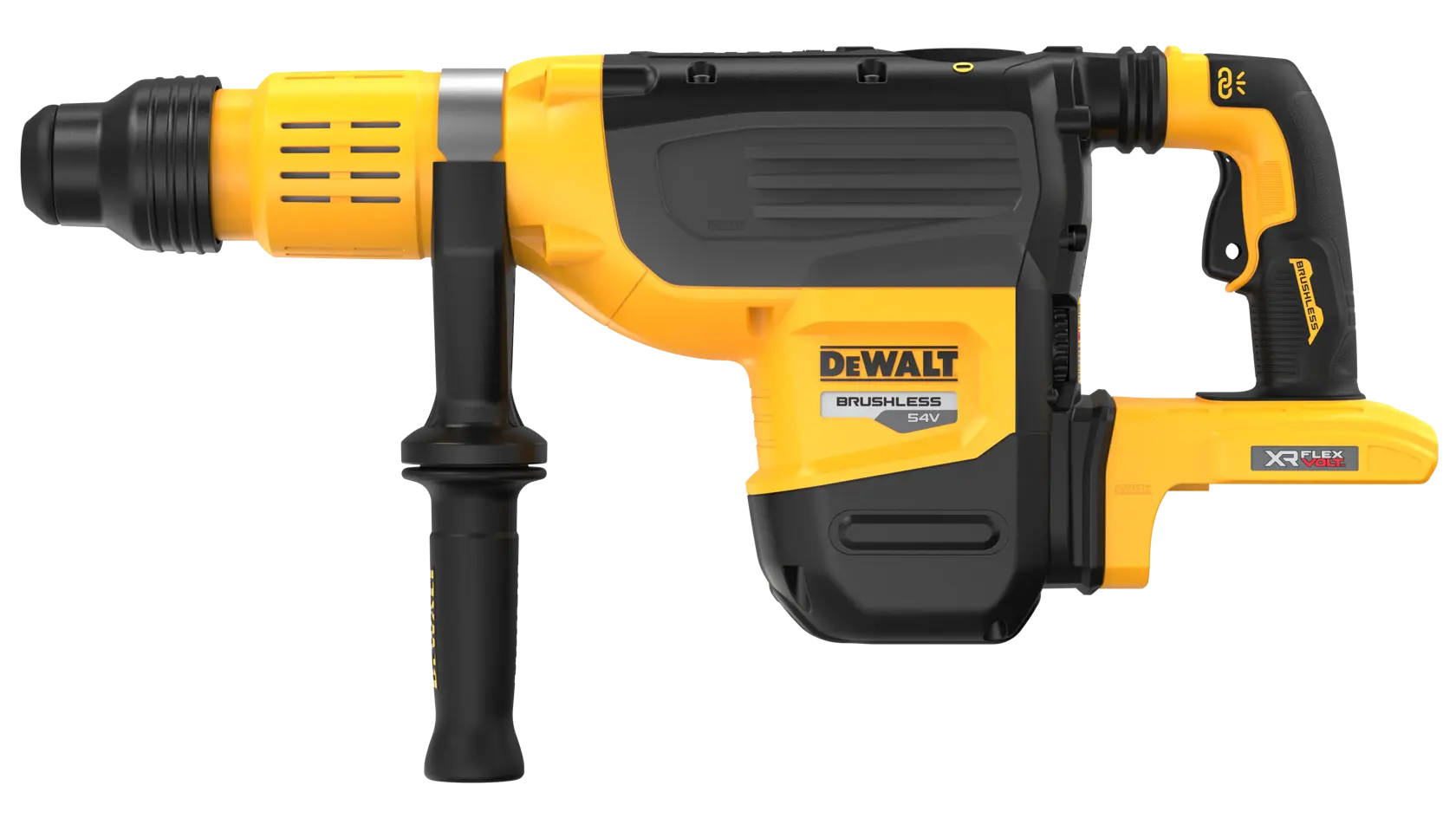 Martillo perforador DEWALT sin escobillas con mango, amarillo y negro, vista lateral.