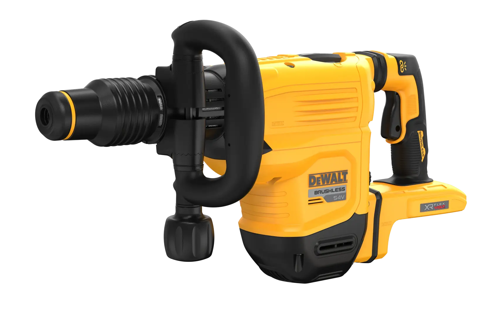 DEWALT cordless rotary demolition hammer, yellow and black, side handle visible.
