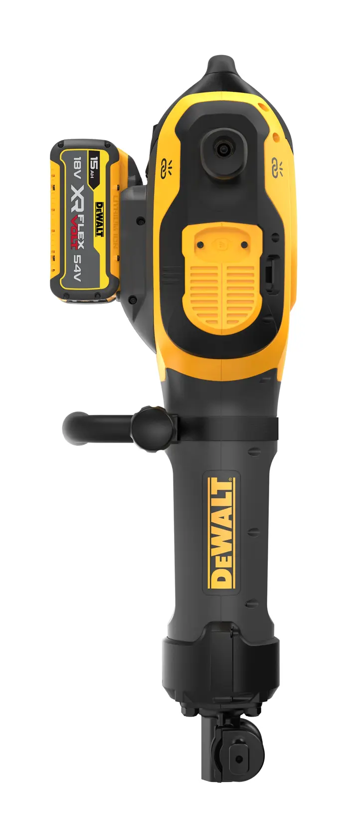 Herramienta fotográfica DEWALT DCH966Z2 y DCH966Z2-XE, vertical con batería y mango.